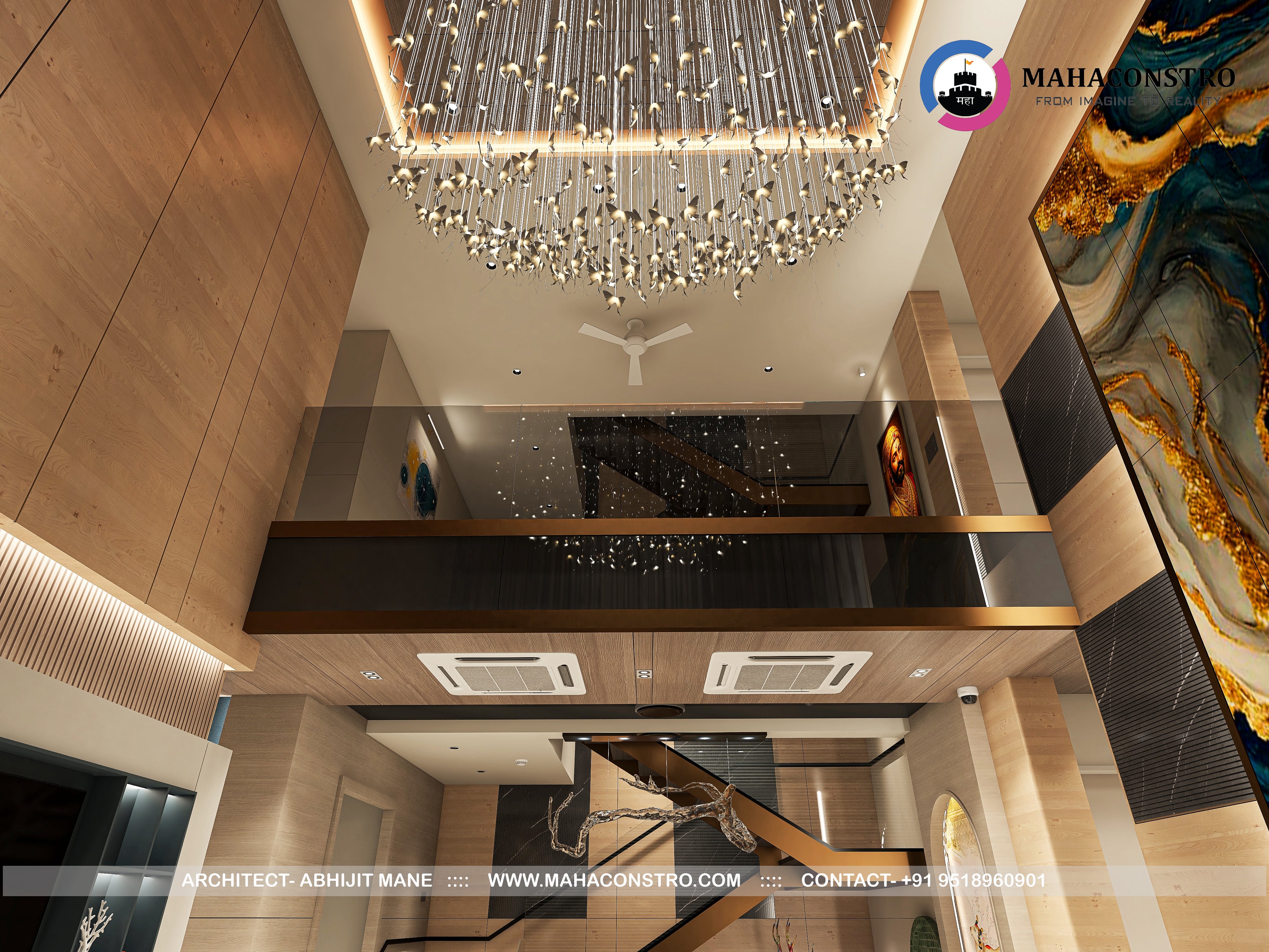 Ultra-luxury residential interior in Tembhurni, Solapur, designed by Mahaconstro Architects, featuring a contemporary living and dining space with bespoke furnishings and artistic finishes.