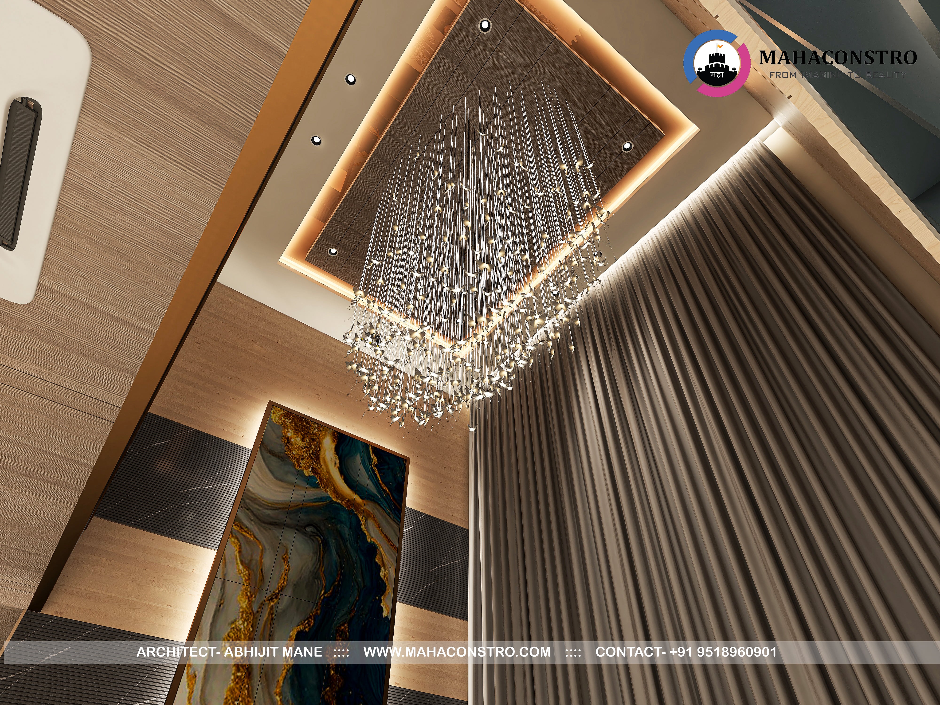 Ultra-luxury residential interior in Tembhurni, Solapur, designed by Mahaconstro Architects, featuring a contemporary living and dining space with bespoke furnishings and artistic finishes.