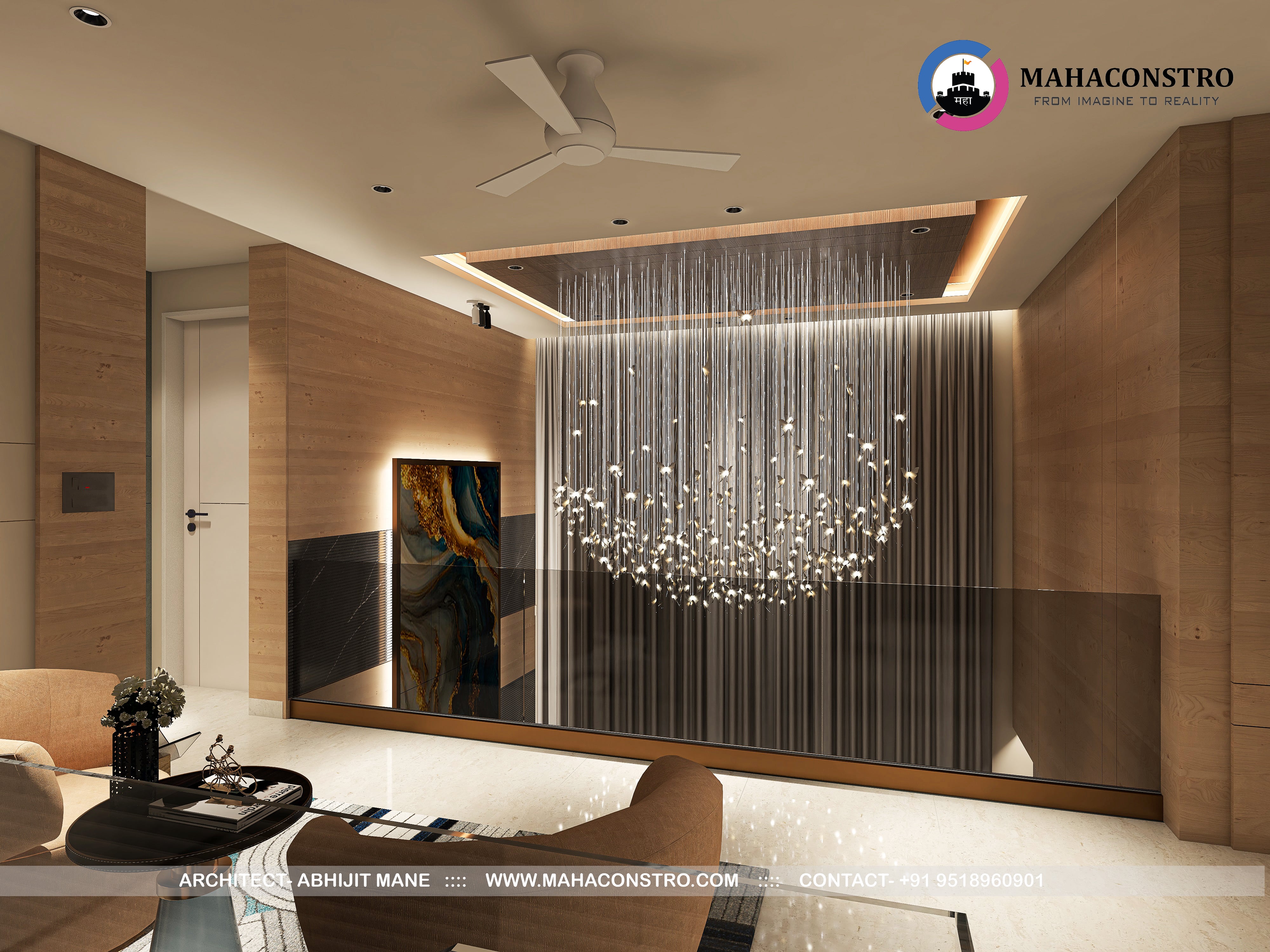 Ultra-luxury residential interior in Tembhurni, Solapur, designed by Mahaconstro Architects, featuring a contemporary living and dining space with bespoke furnishings and artistic finishes.