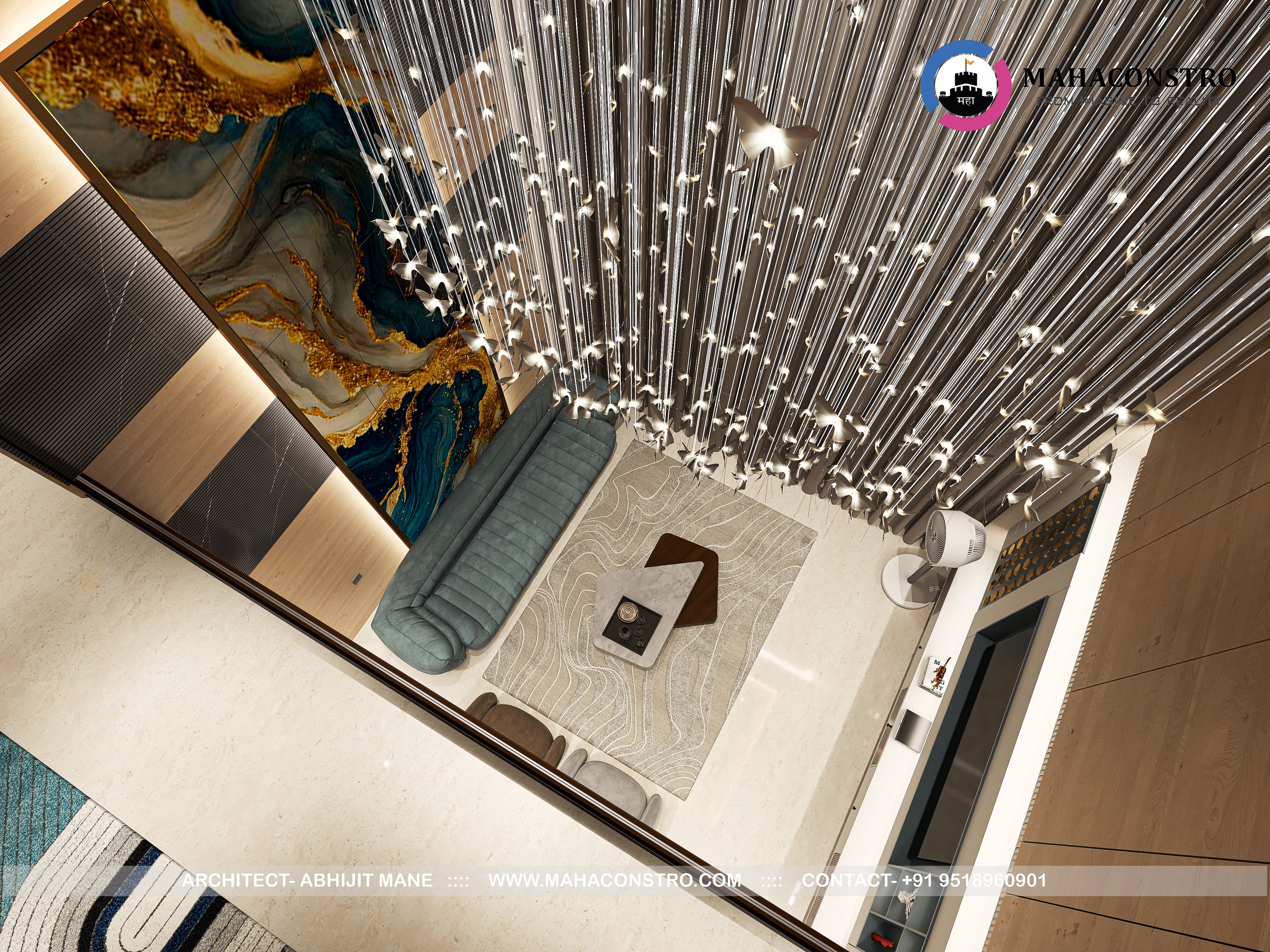 Ultra-luxury residential interior in Tembhurni, Solapur, designed by Mahaconstro Architects, featuring a contemporary living and dining space with bespoke furnishings and artistic finishes.