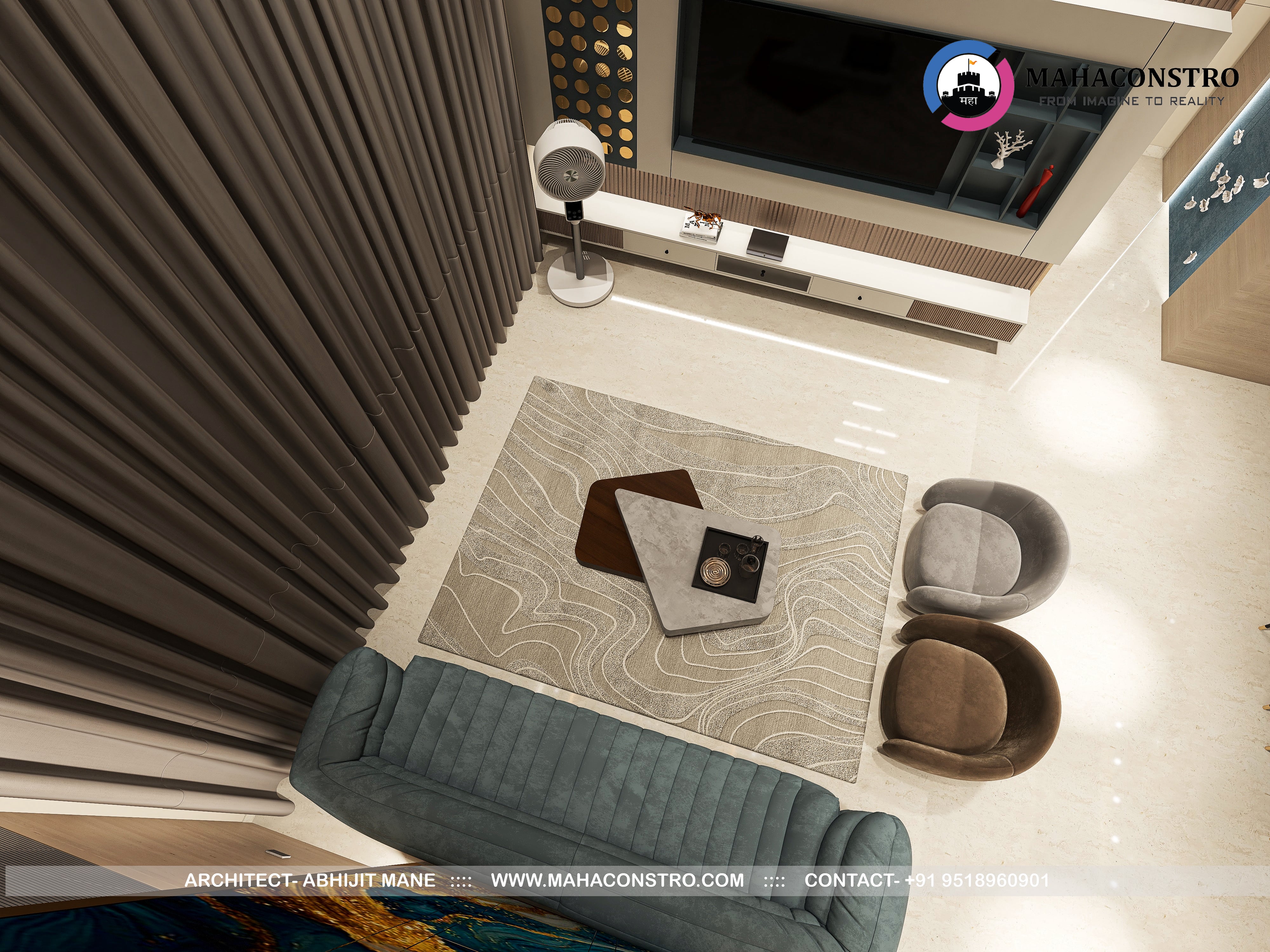 Ultra-luxury residential interior in Tembhurni, Solapur, designed by Mahaconstro Architects, featuring a contemporary living and dining space with bespoke furnishings and artistic finishes.