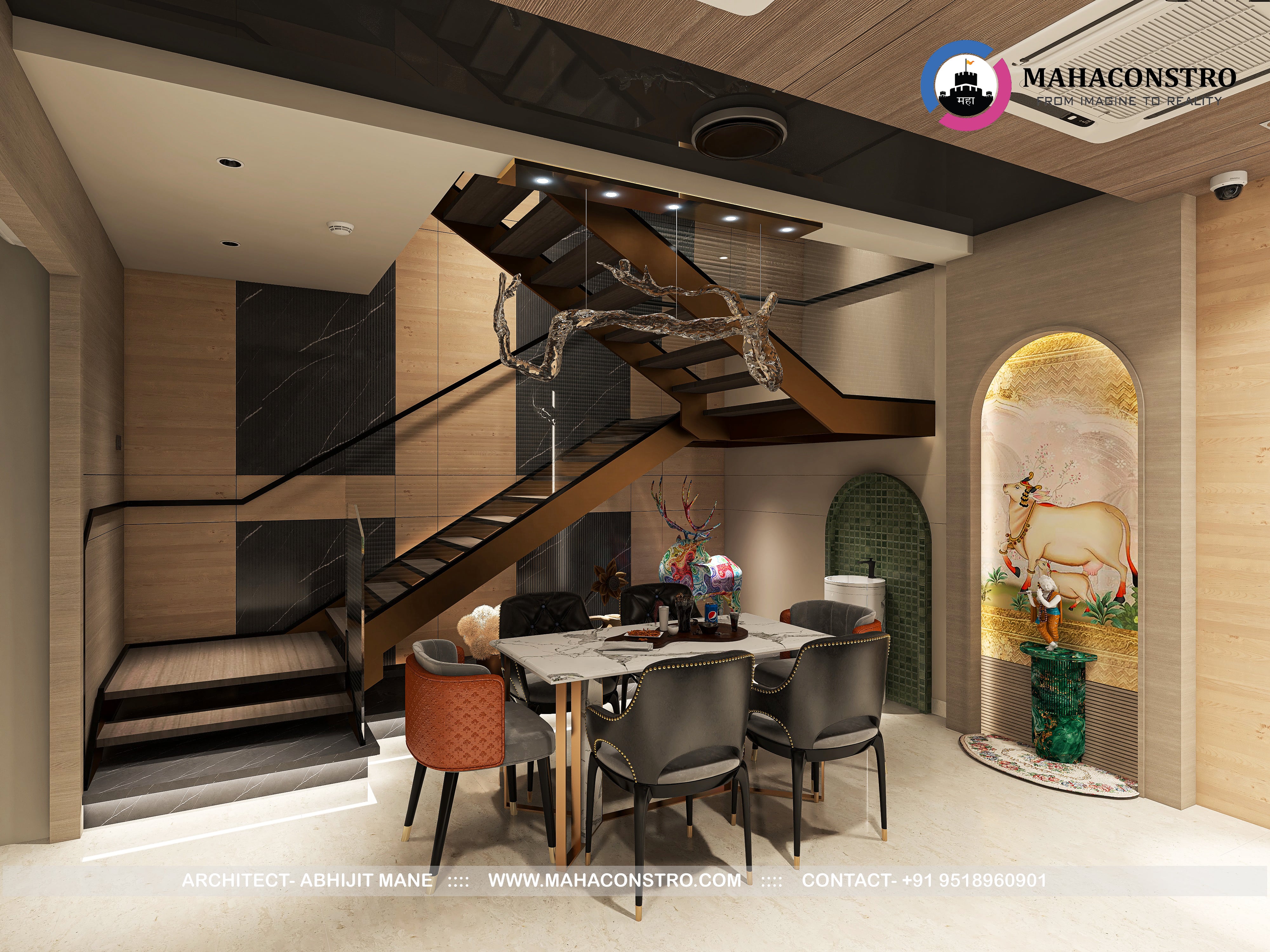 Ultra-luxury residential interior in Tembhurni, Solapur, designed by Mahaconstro Architects, featuring a contemporary living and dining space with bespoke furnishings and artistic finishes.