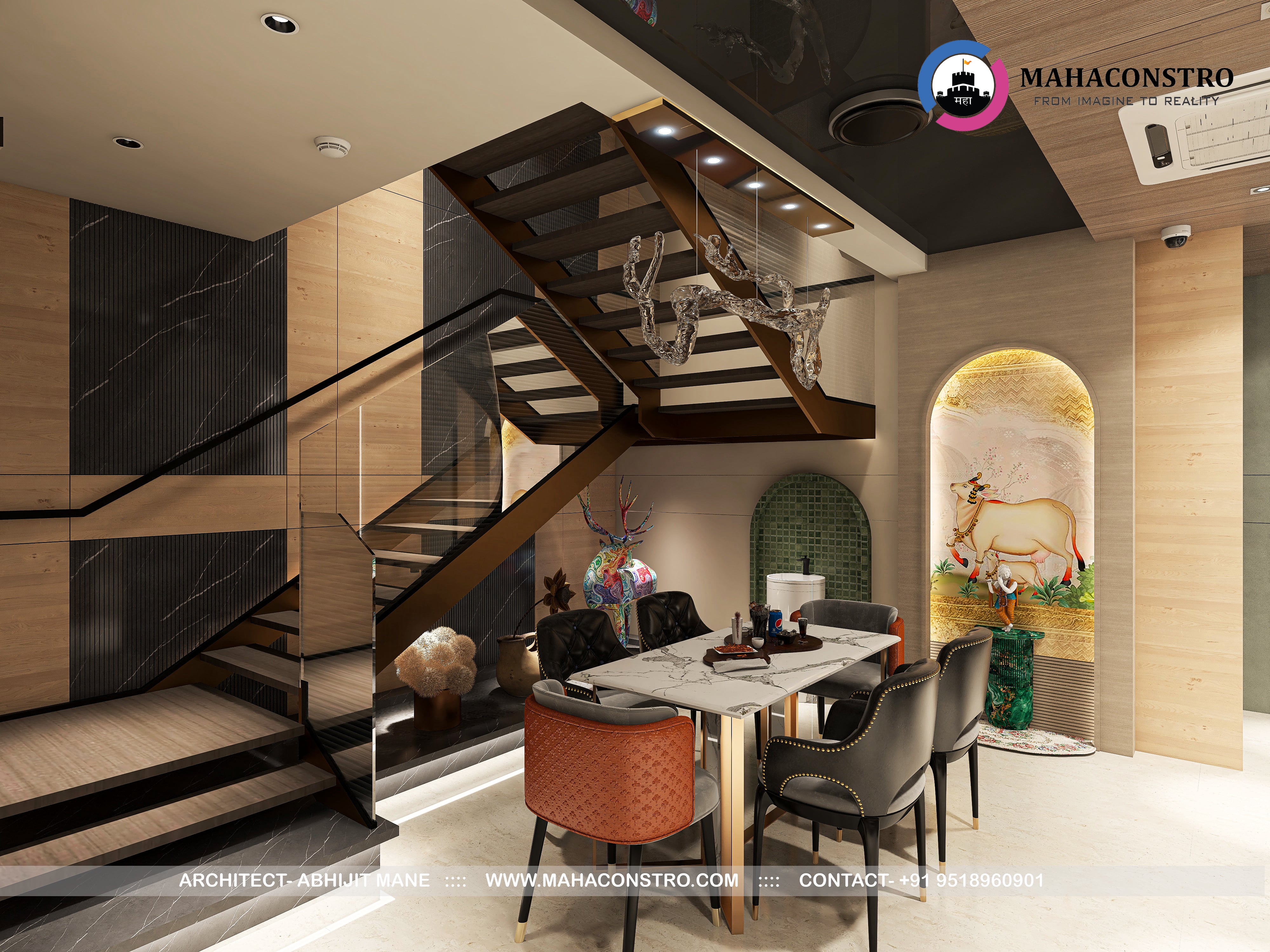 Ultra-luxury residential interior in Tembhurni, Solapur, designed by Mahaconstro Architects, featuring a contemporary living and dining space with bespoke furnishings and artistic finishes.