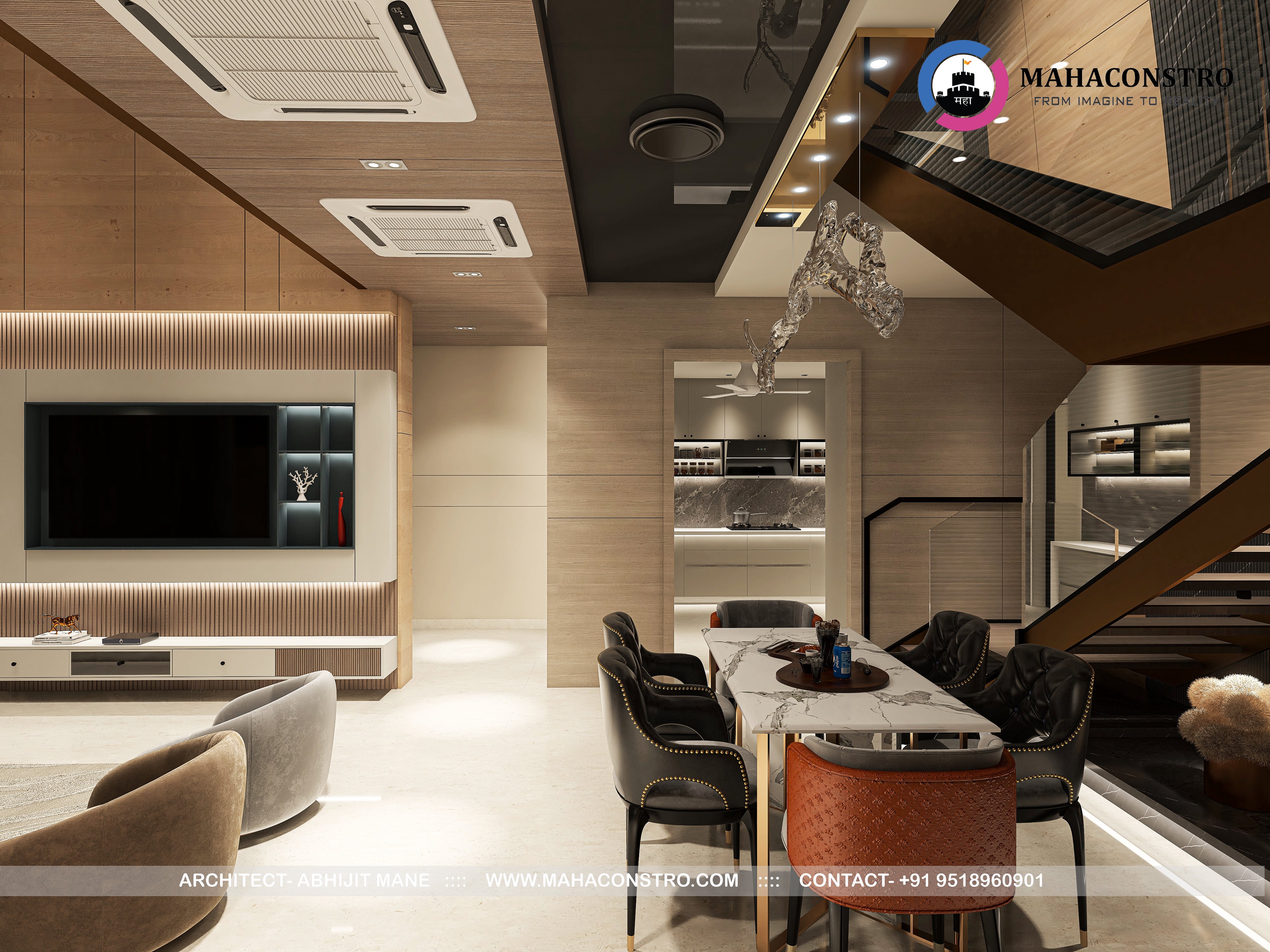 Ultra-luxury residential interior in Tembhurni, Solapur, designed by Mahaconstro Architects, featuring a contemporary living and dining space with bespoke furnishings and artistic finishes.