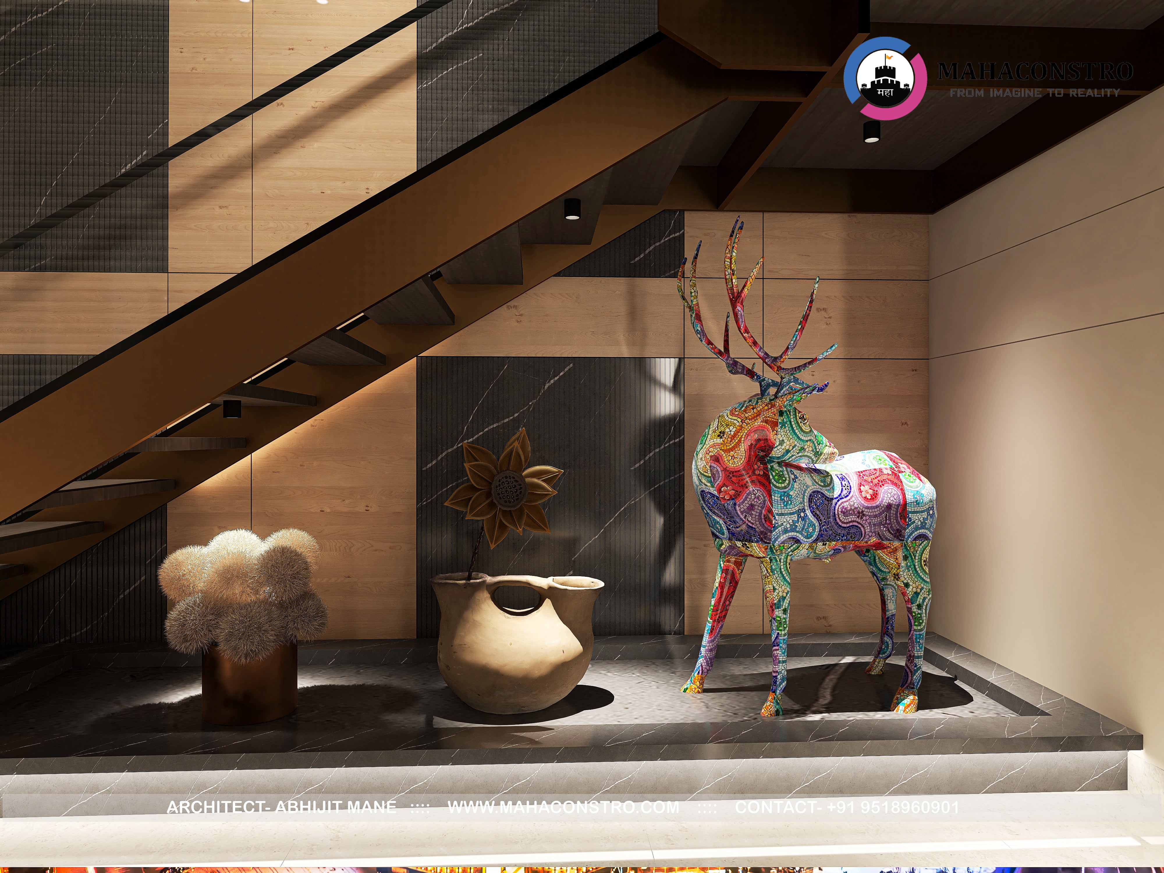 Ultra-luxury residential interior in Tembhurni, Solapur, designed by Mahaconstro Architects, featuring a contemporary living and dining space with bespoke furnishings and artistic finishes.