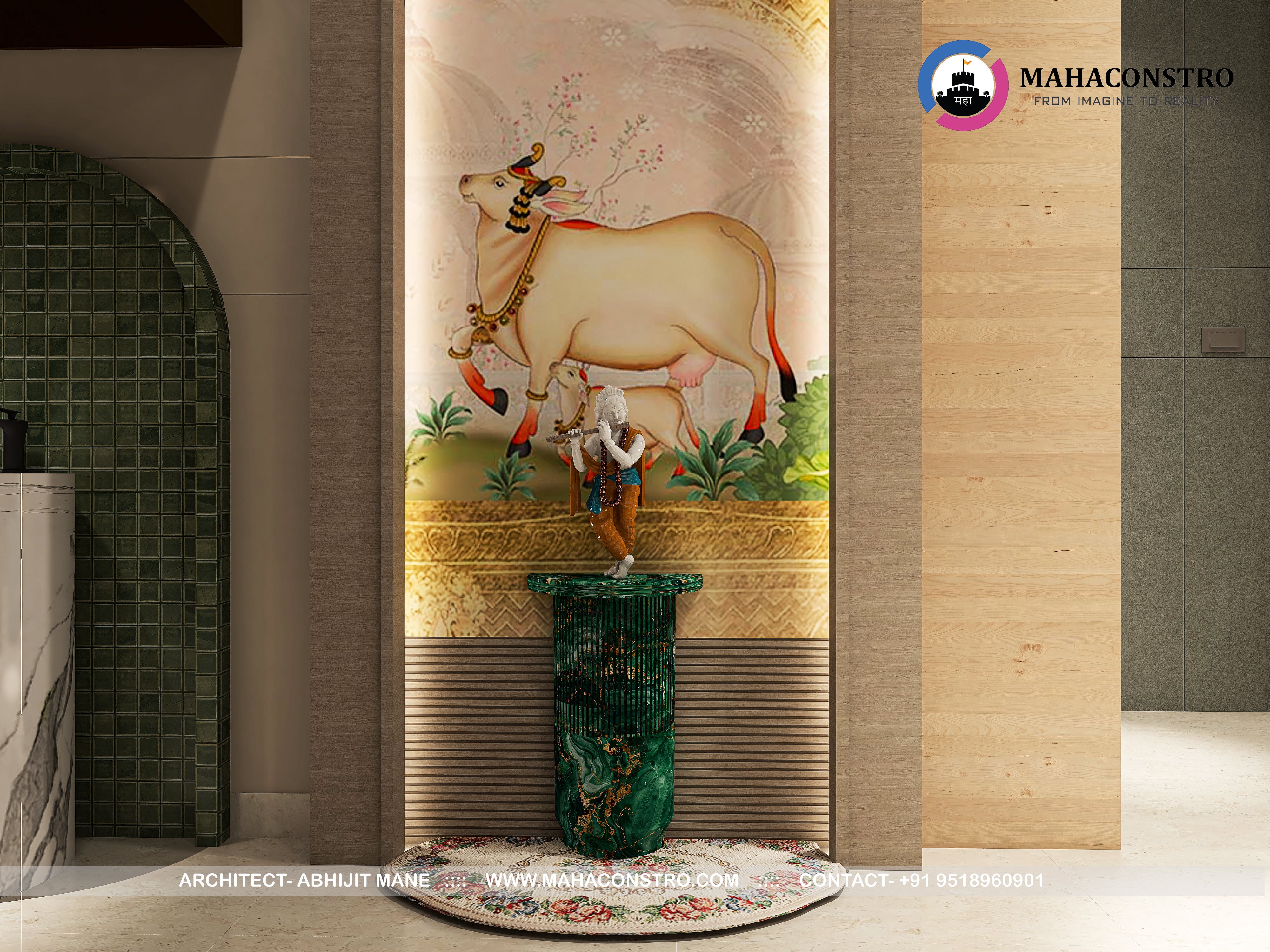 Ultra-luxury residential interior in Tembhurni, Solapur, designed by Mahaconstro Architects, featuring a contemporary living and dining space with bespoke furnishings and artistic finishes.
