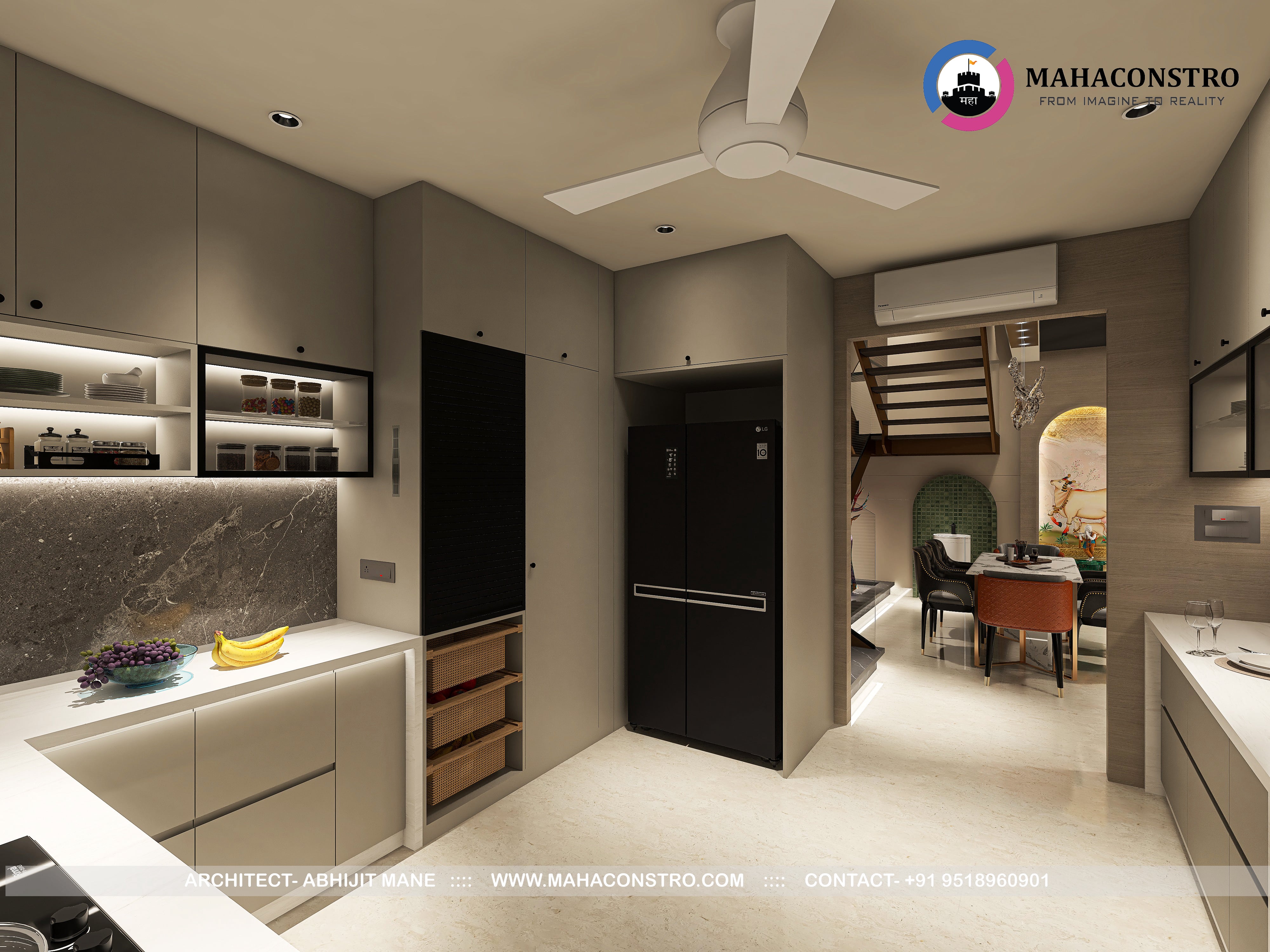 Ultra-luxury residential interior in Tembhurni, Solapur, designed by Mahaconstro Architects, featuring a contemporary living and dining space with bespoke furnishings and artistic finishes.
