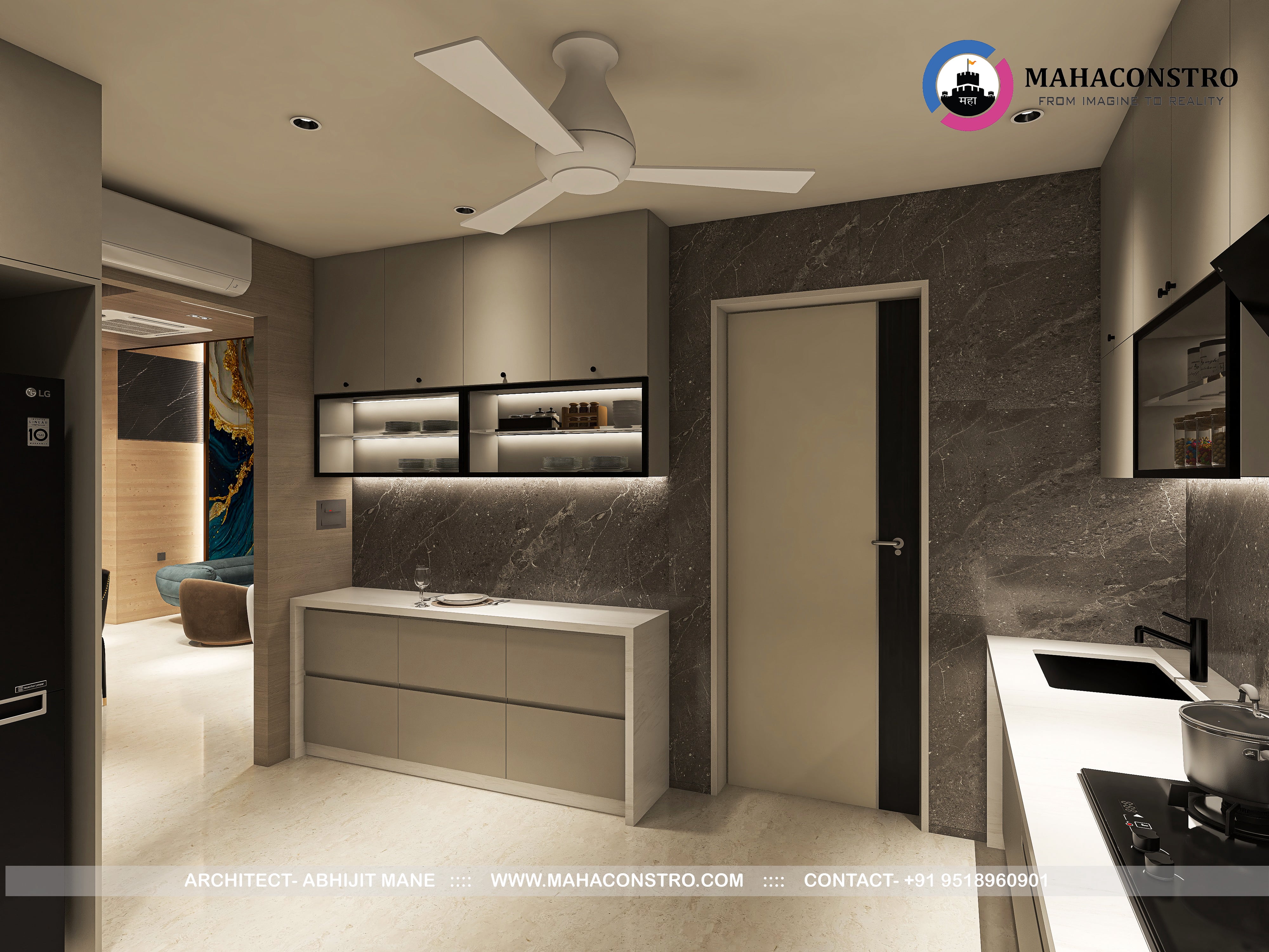 Ultra-luxury residential interior in Tembhurni, Solapur, designed by Mahaconstro Architects, featuring a contemporary living and dining space with bespoke furnishings and artistic finishes.