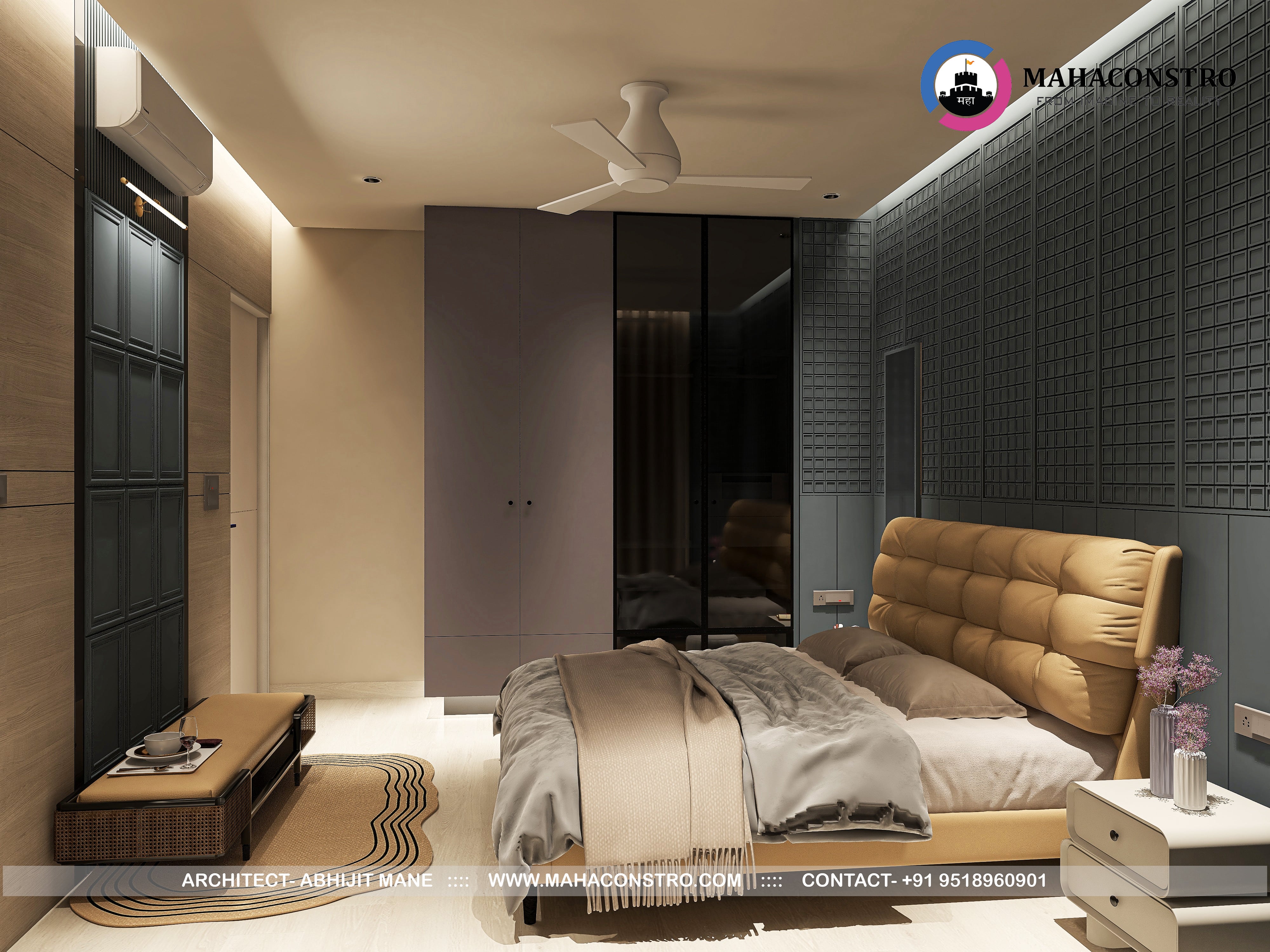 Ultra-luxury residential interior in Tembhurni, Solapur, designed by Mahaconstro Architects, featuring a contemporary living and dining space with bespoke furnishings and artistic finishes.