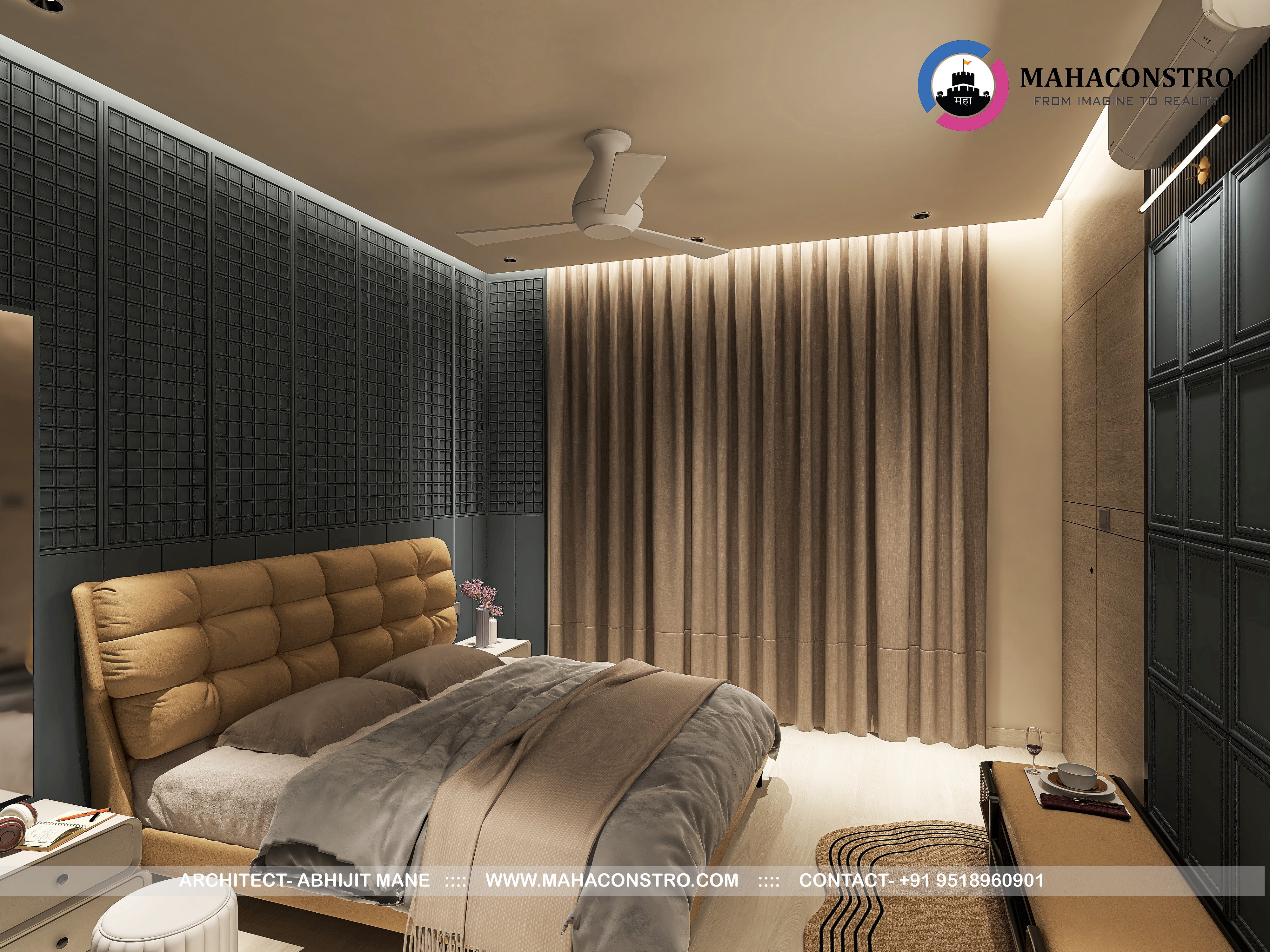 Ultra-luxury residential interior in Tembhurni, Solapur, designed by Mahaconstro Architects, featuring a contemporary living and dining space with bespoke furnishings and artistic finishes.