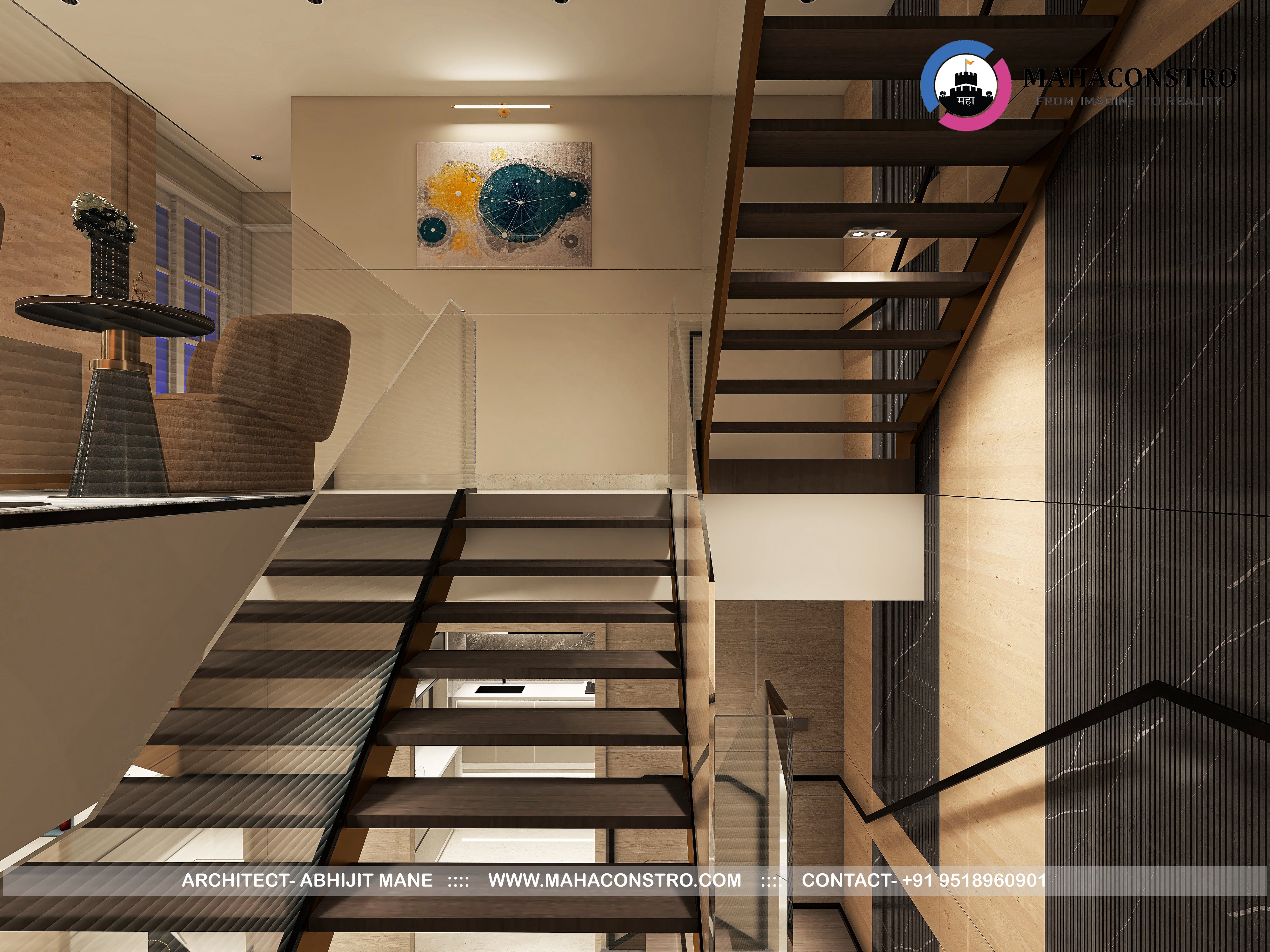 Ultra-luxury residential interior in Tembhurni, Solapur, designed by Mahaconstro Architects, featuring a contemporary living and dining space with bespoke furnishings and artistic finishes.
