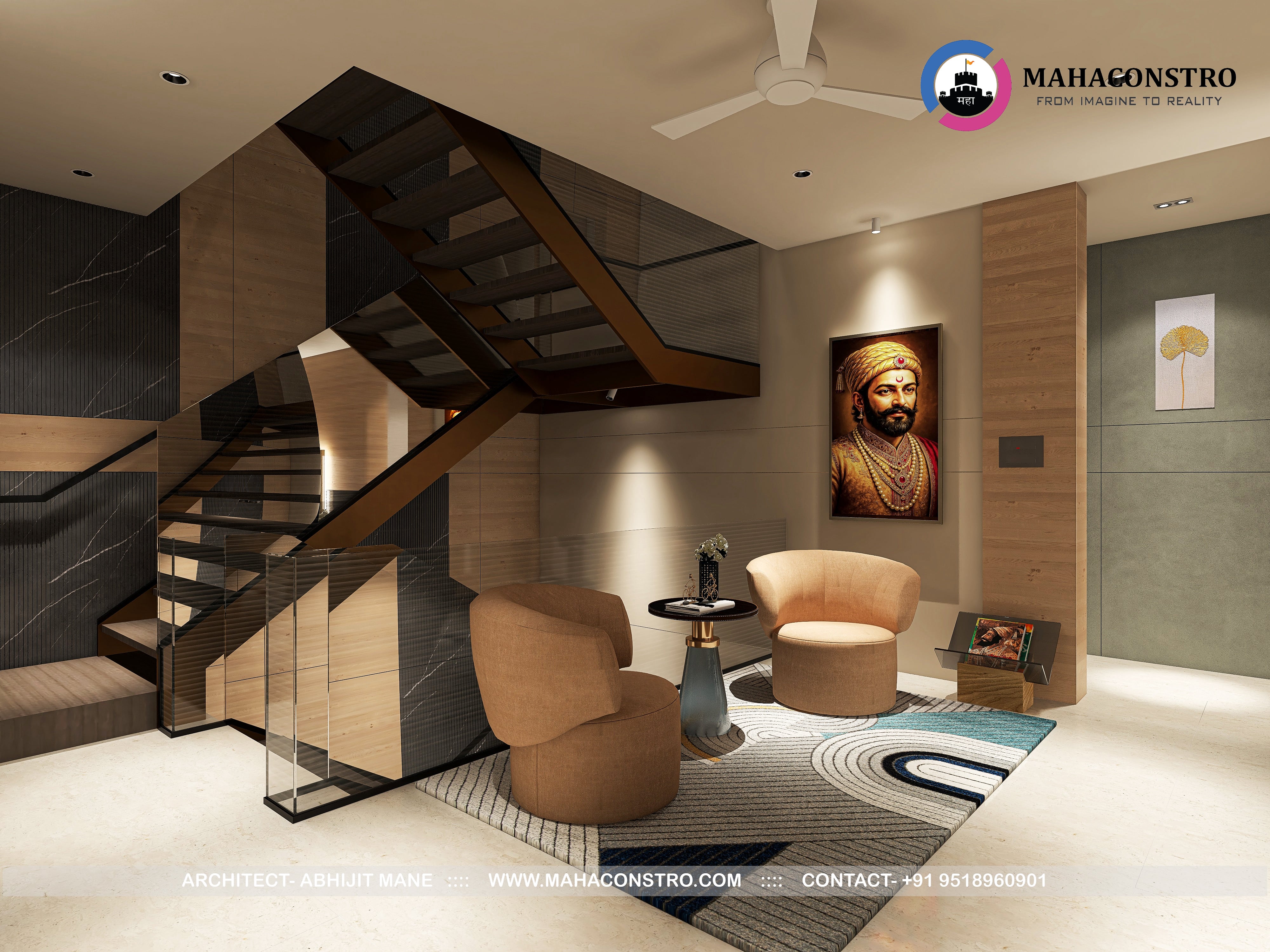 Ultra-luxury residential interior in Tembhurni, Solapur, designed by Mahaconstro Architects, featuring a contemporary living and dining space with bespoke furnishings and artistic finishes.
