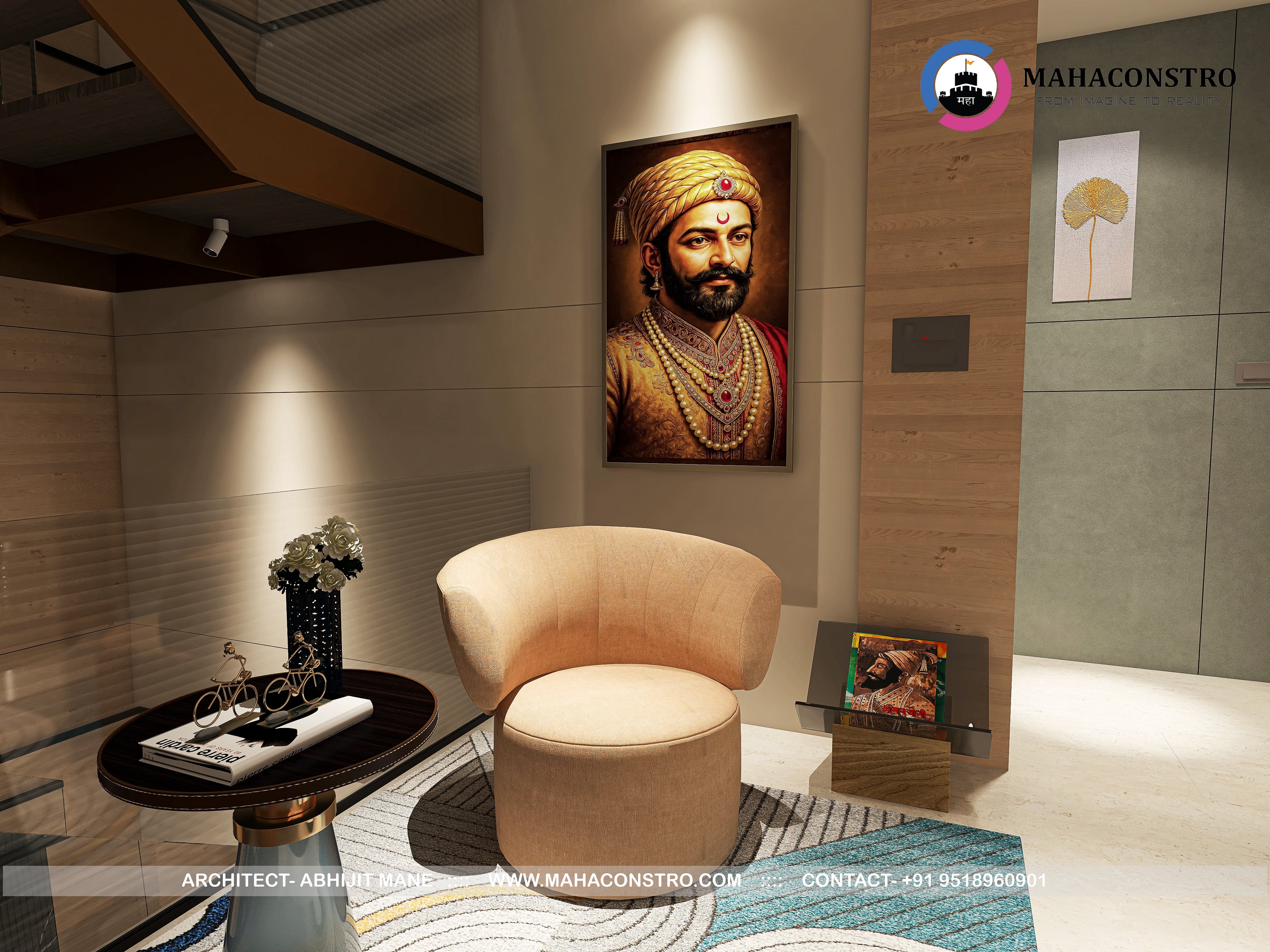 Ultra-luxury residential interior in Tembhurni, Solapur, designed by Mahaconstro Architects, featuring a contemporary living and dining space with bespoke furnishings and artistic finishes.