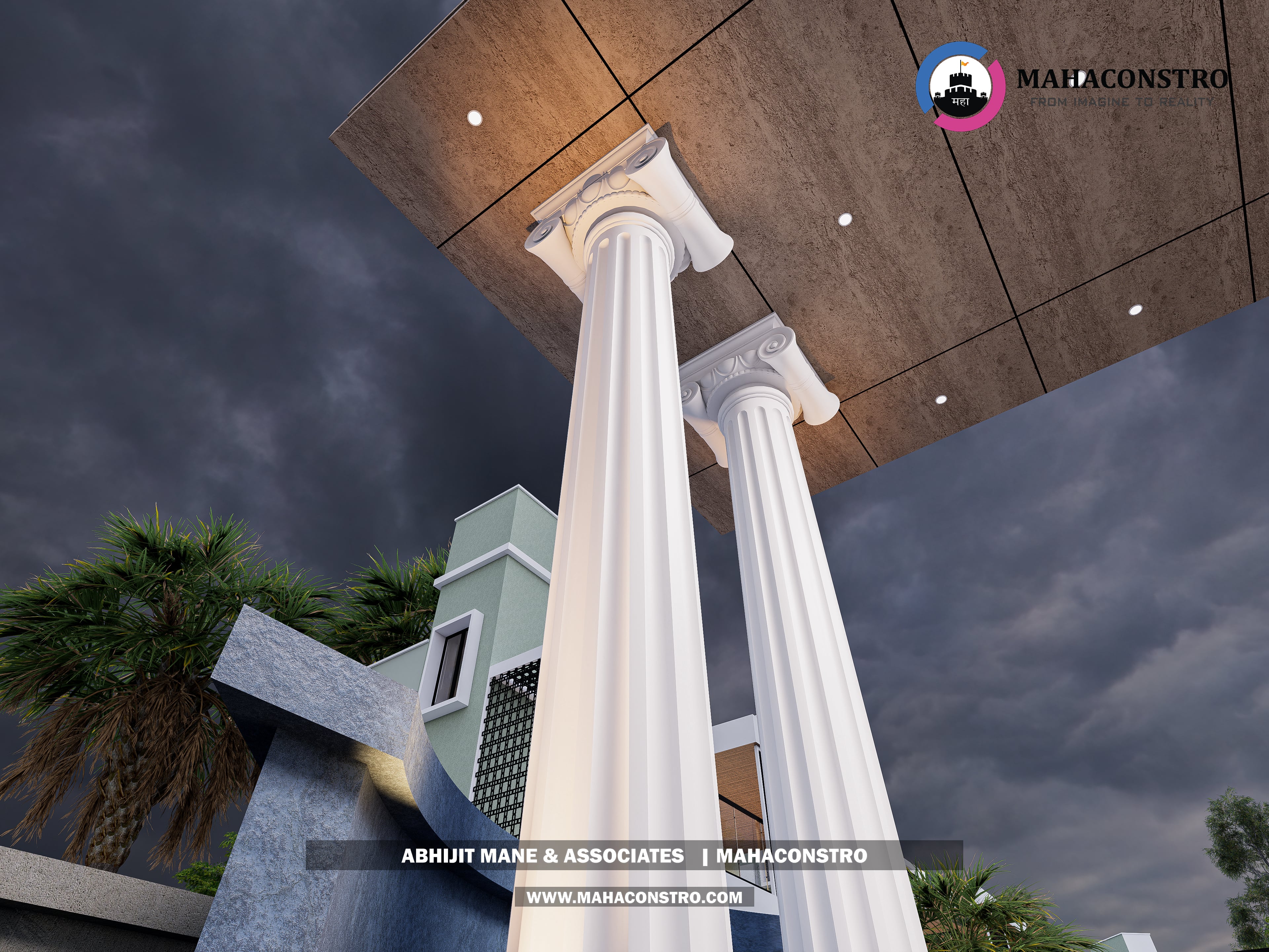 Luxury plotting entrance gateway with classical columns at Jayvardhan Park, a 12-acre development in Tembhurni, Solapur, designed by Mahaconstro Architects
