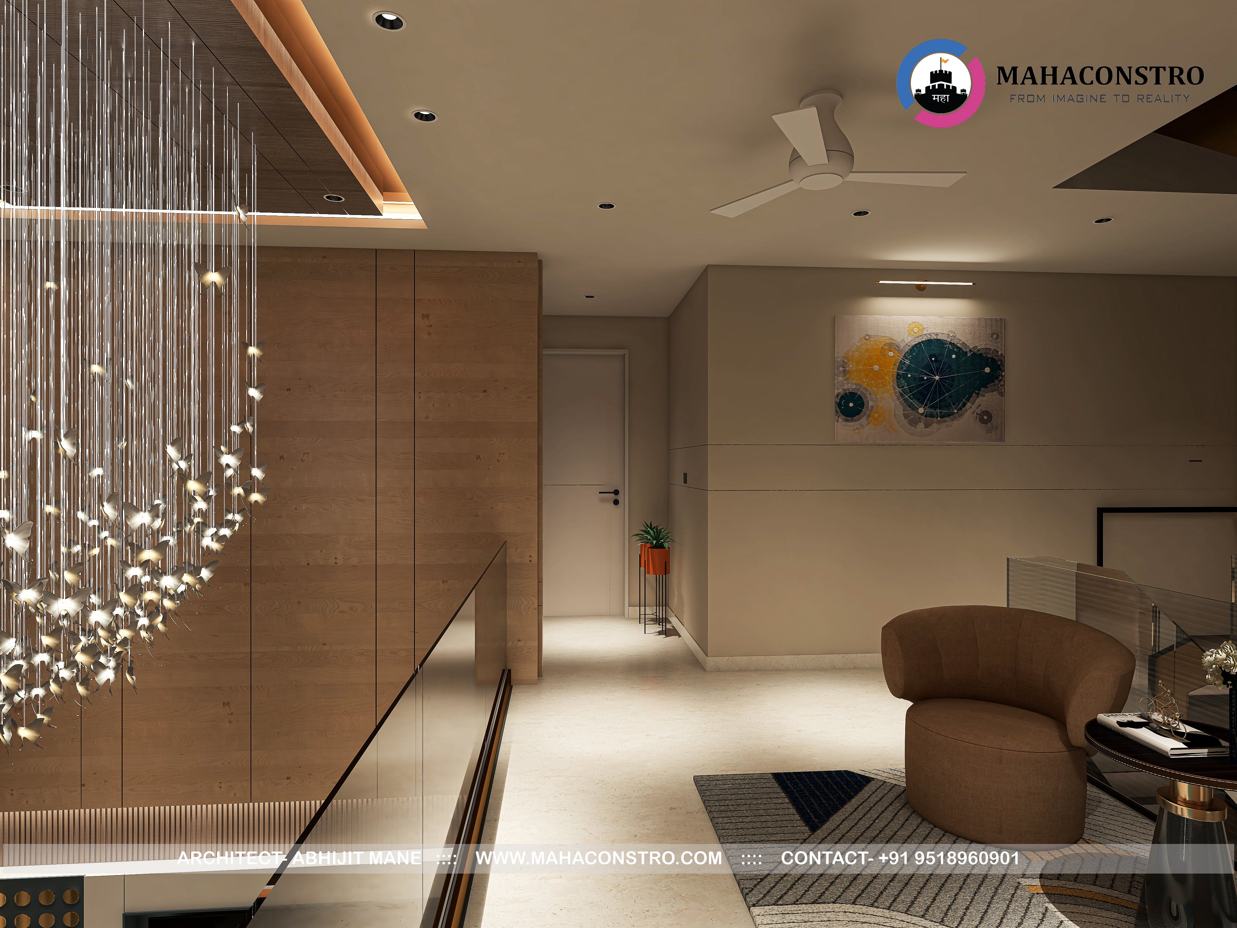 Ultra-luxury residential interior in Tembhurni, Solapur, designed by Mahaconstro Architects, featuring a contemporary living and dining space with bespoke furnishings and artistic finishes.
