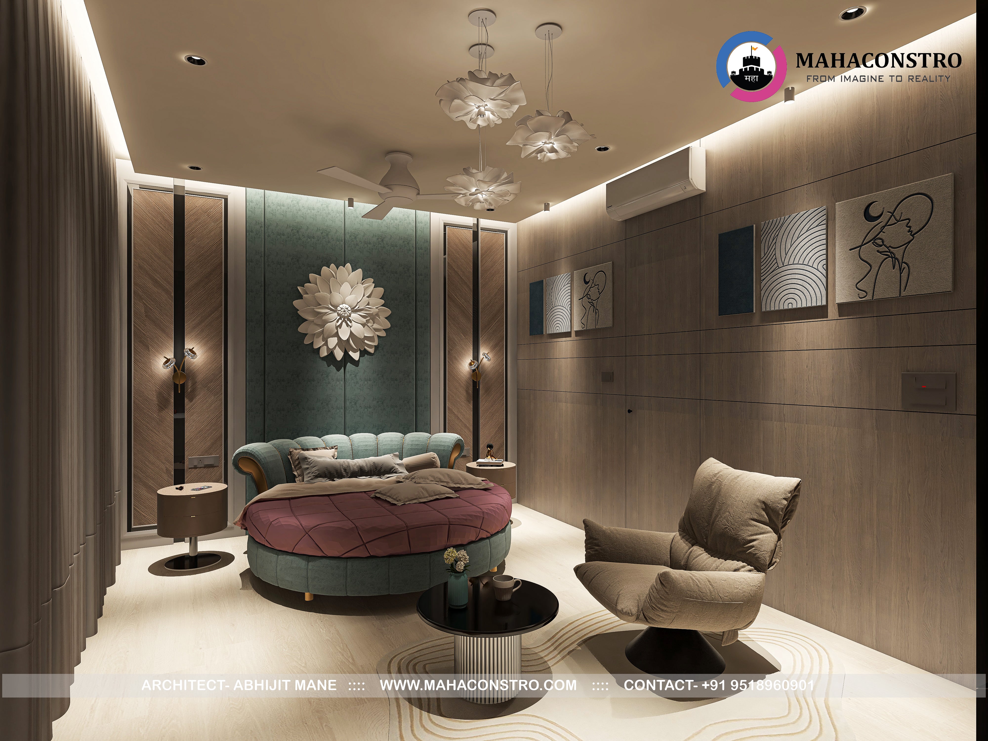 Ultra-luxury residential interior in Tembhurni, Solapur, designed by Mahaconstro Architects, featuring a contemporary living and dining space with bespoke furnishings and artistic finishes.
