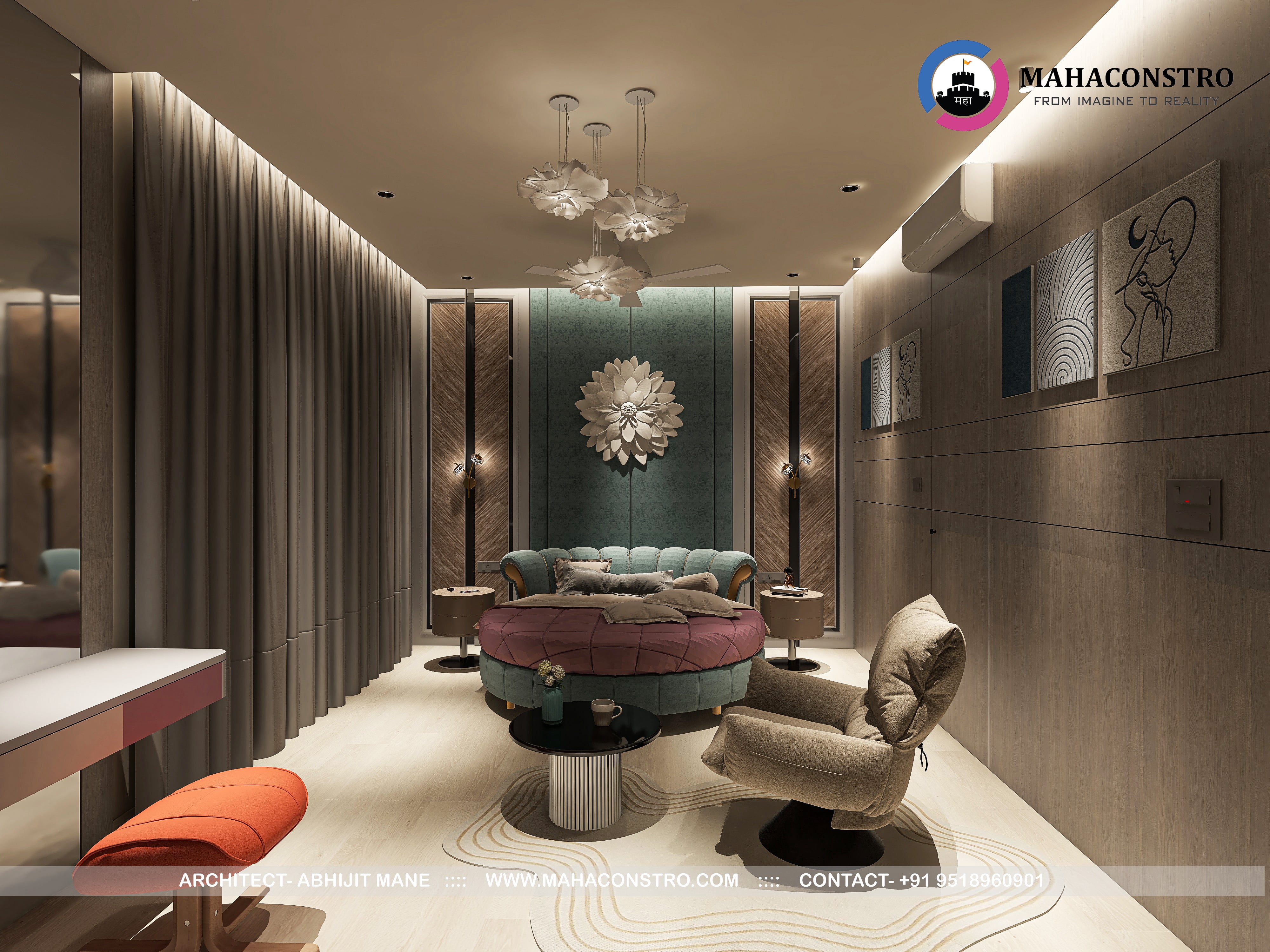 Ultra-luxury residential interior in Tembhurni, Solapur, designed by Mahaconstro Architects, featuring a contemporary living and dining space with bespoke furnishings and artistic finishes.