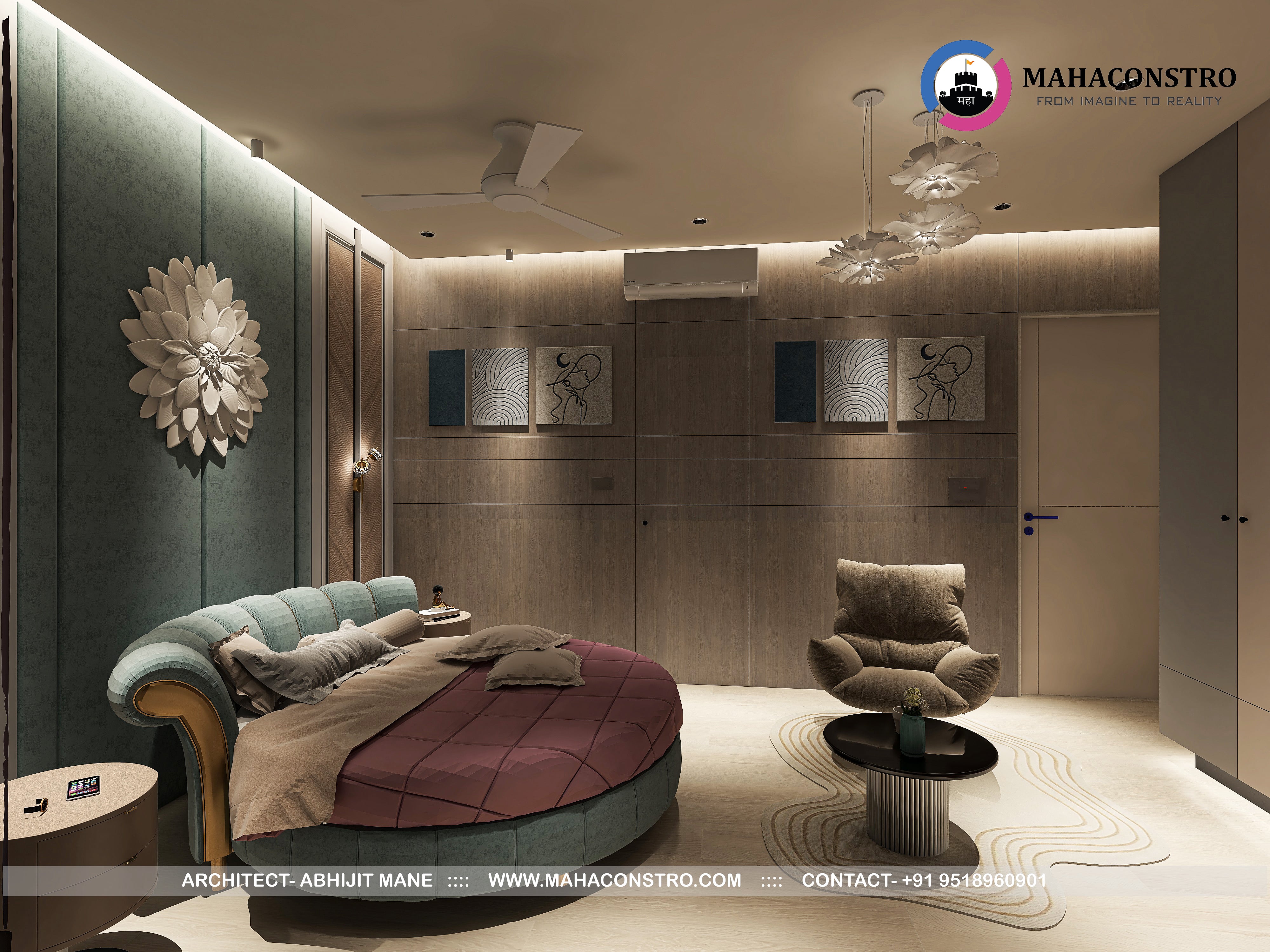 Ultra-luxury residential interior in Tembhurni, Solapur, designed by Mahaconstro Architects, featuring a contemporary living and dining space with bespoke furnishings and artistic finishes.