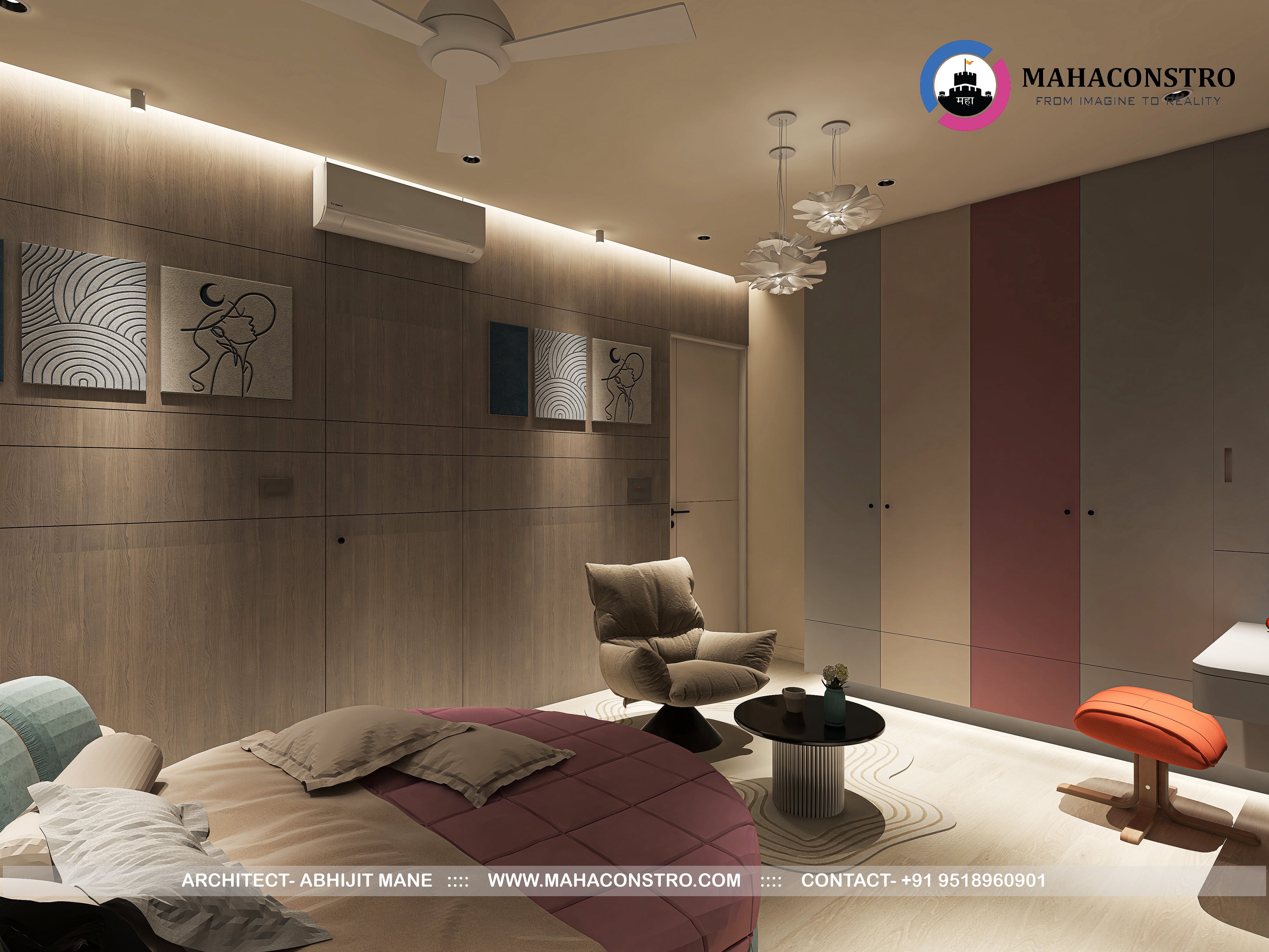 Ultra-luxury residential interior in Tembhurni, Solapur, designed by Mahaconstro Architects, featuring a contemporary living and dining space with bespoke furnishings and artistic finishes.