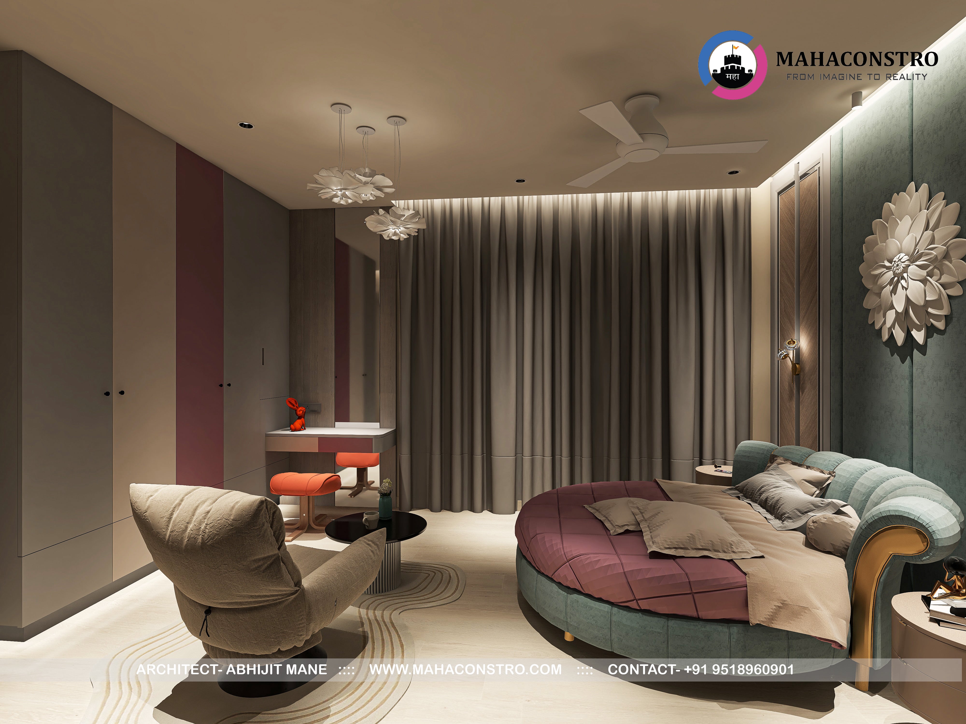 Ultra-luxury residential interior in Tembhurni, Solapur, designed by Mahaconstro Architects, featuring a contemporary living and dining space with bespoke furnishings and artistic finishes.