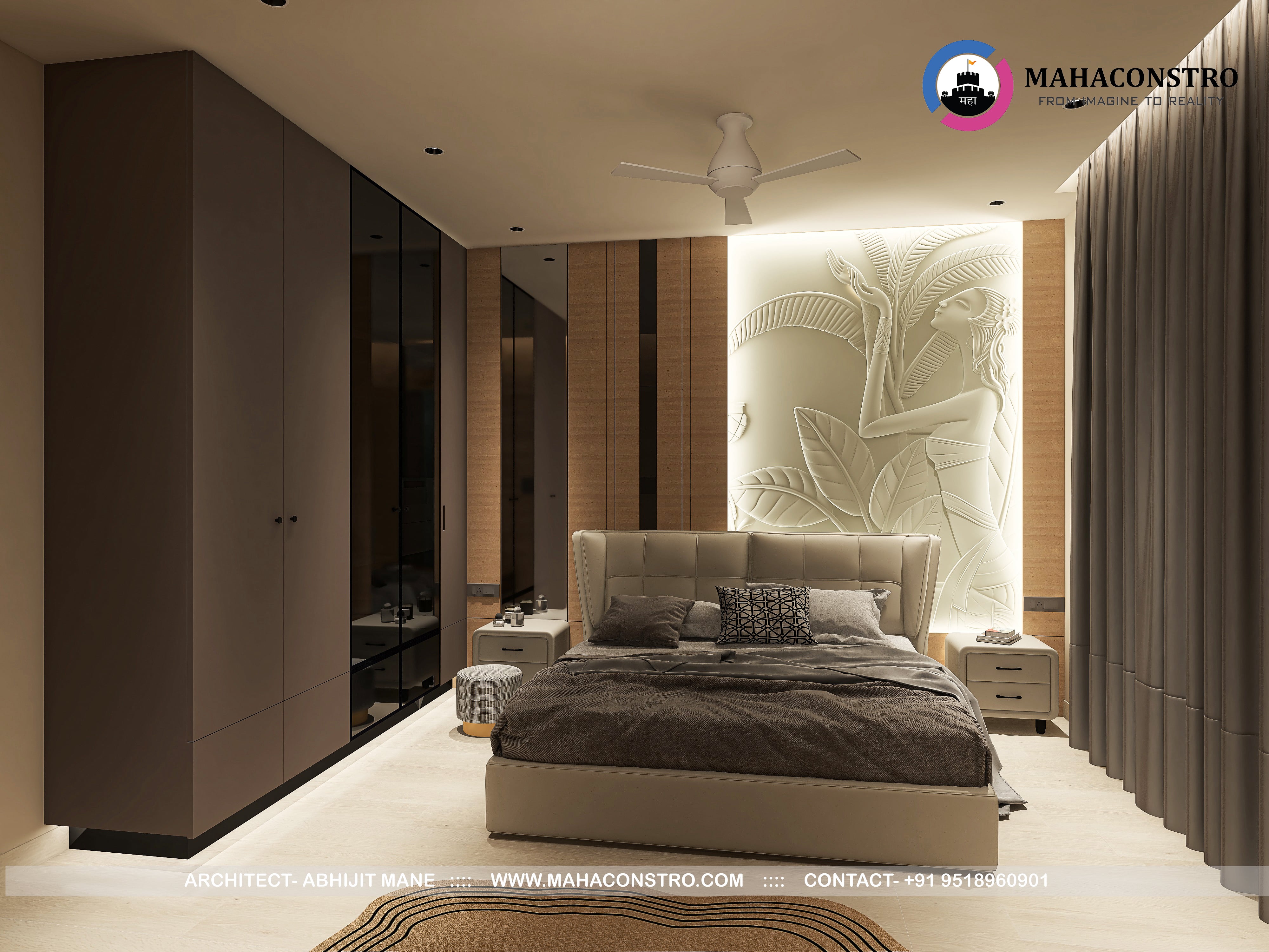 Ultra-luxury residential interior in Tembhurni, Solapur, designed by Mahaconstro Architects, featuring a contemporary living and dining space with bespoke furnishings and artistic finishes.
