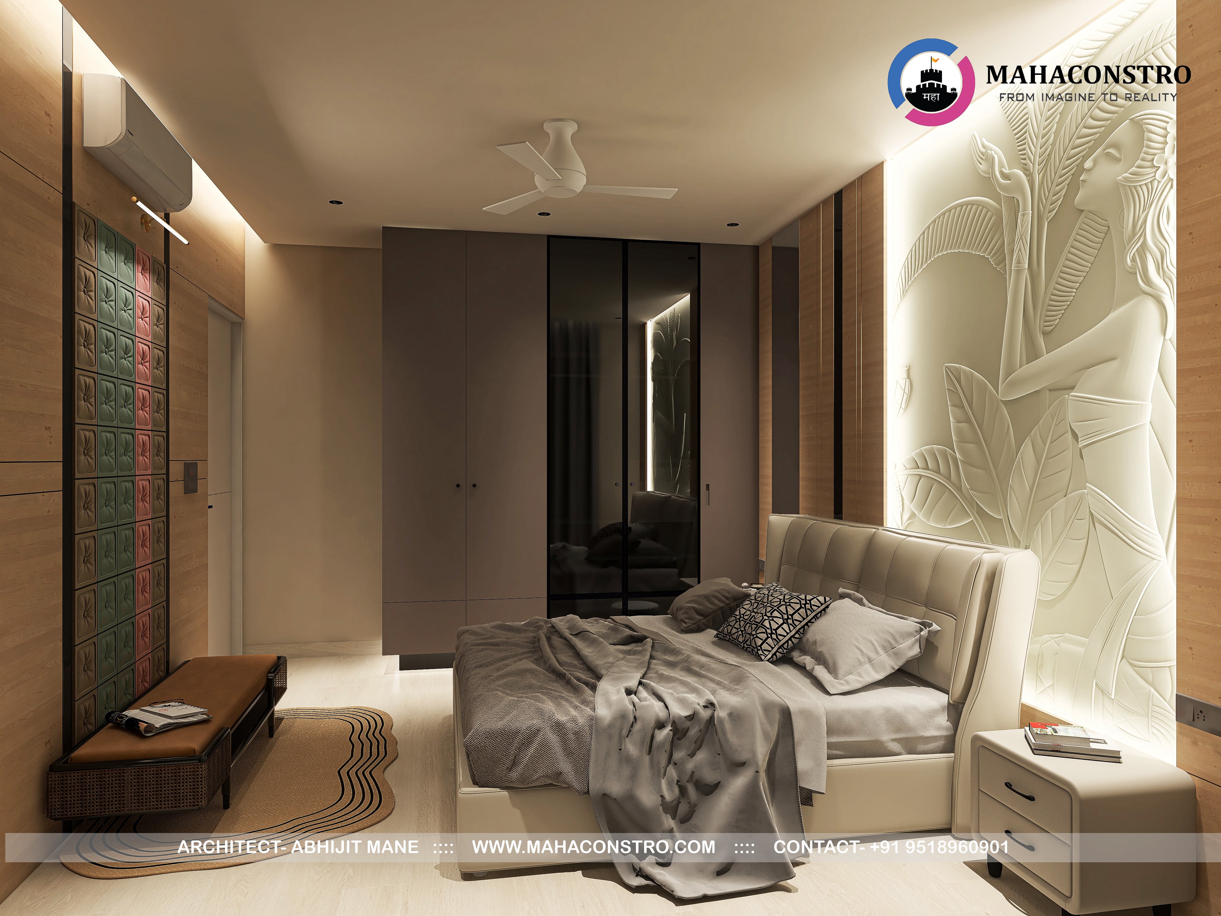 Ultra-luxury residential interior in Tembhurni, Solapur, designed by Mahaconstro Architects, featuring a contemporary living and dining space with bespoke furnishings and artistic finishes.