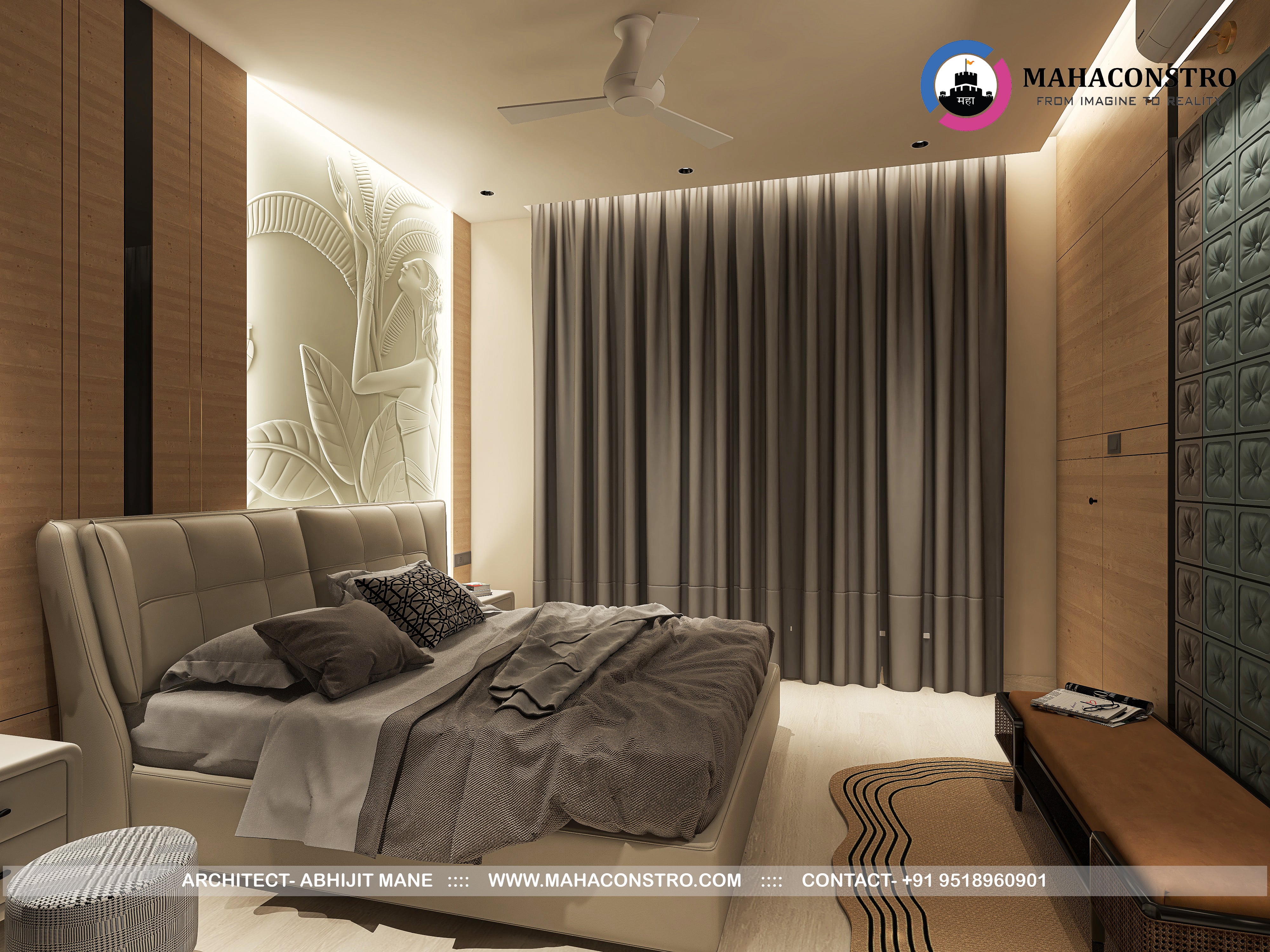 Ultra-luxury residential interior in Tembhurni, Solapur, designed by Mahaconstro Architects, featuring a contemporary living and dining space with bespoke furnishings and artistic finishes.
