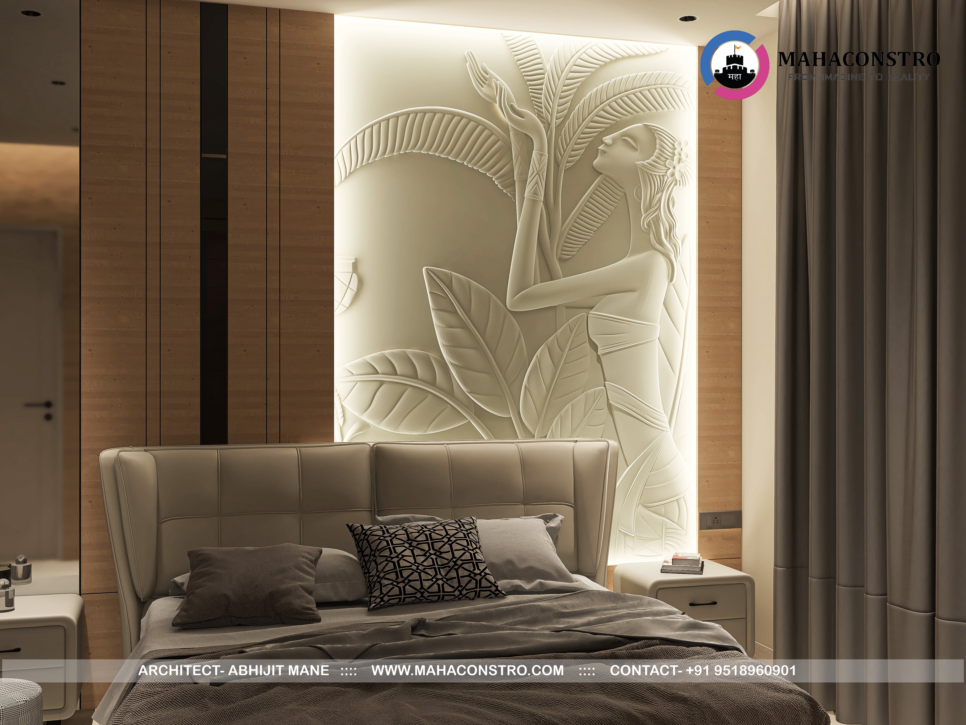 Ultra-luxury residential interior in Tembhurni, Solapur, designed by Mahaconstro Architects, featuring a contemporary living and dining space with bespoke furnishings and artistic finishes.