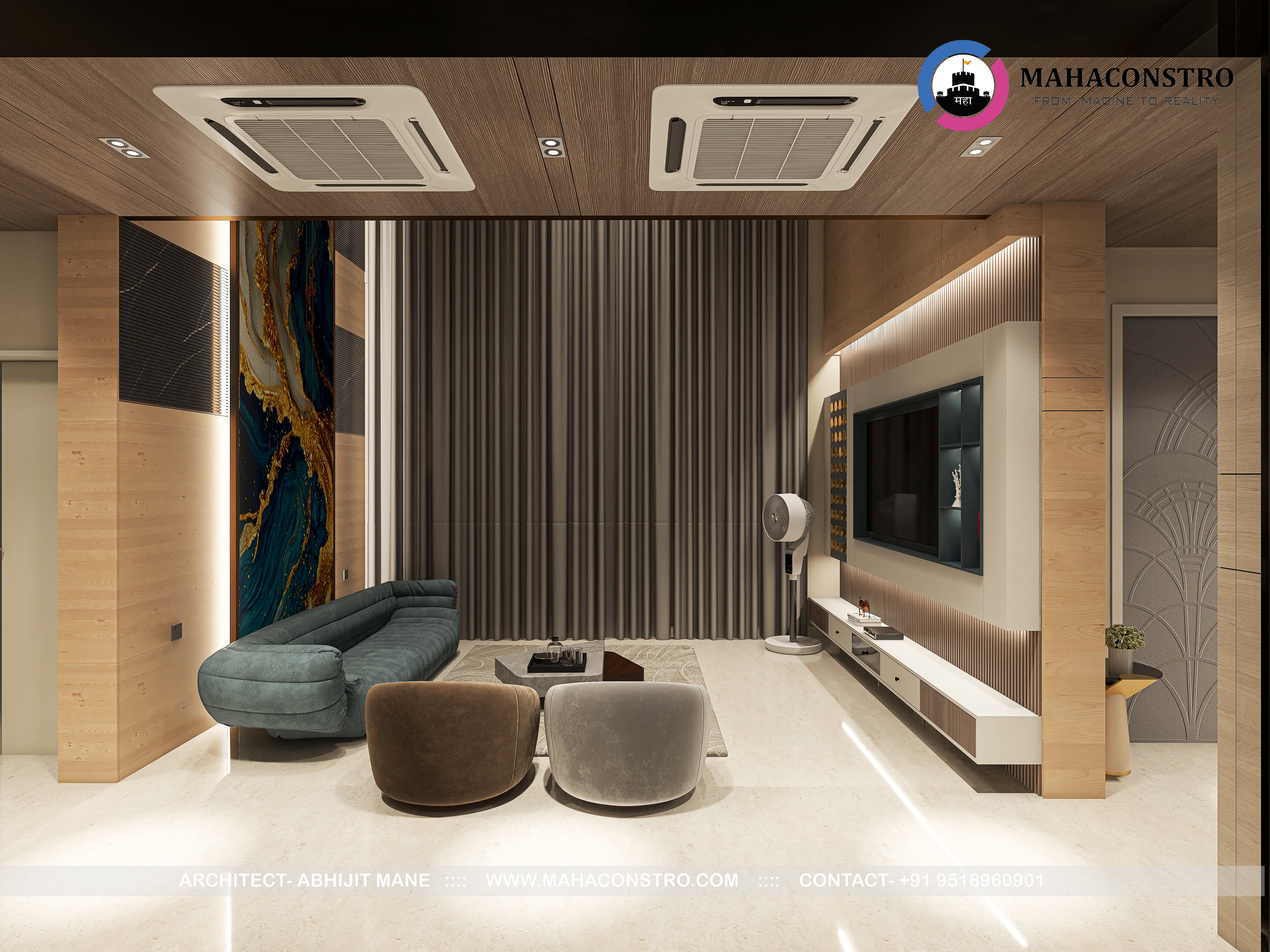Ultra-luxury residential interior in Tembhurni, Solapur, designed by Mahaconstro Architects, featuring a contemporary living and dining space with bespoke furnishings and artistic finishes.