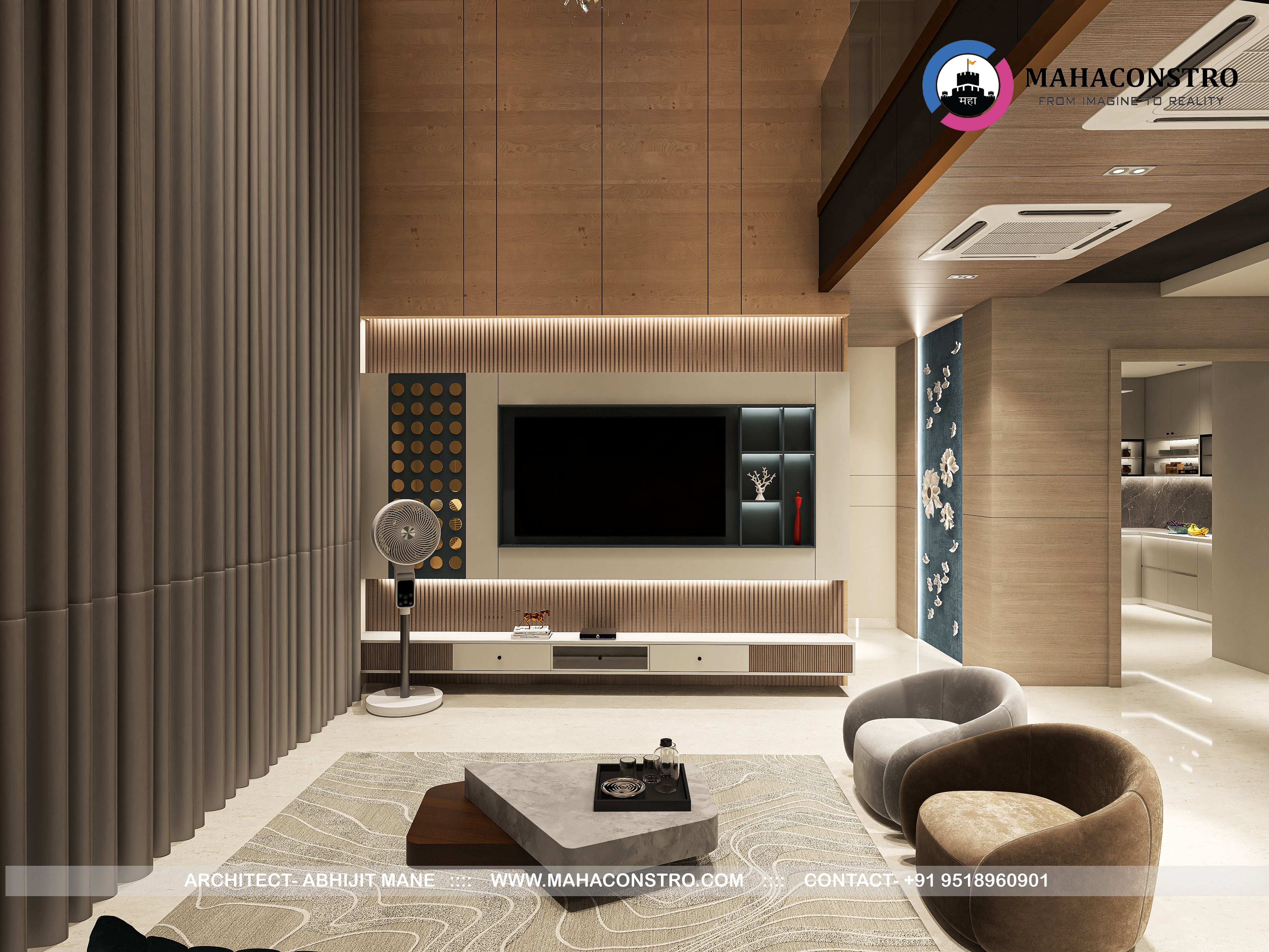 Ultra-luxury residential interior in Tembhurni, Solapur, designed by Mahaconstro Architects, featuring a contemporary living and dining space with bespoke furnishings and artistic finishes.