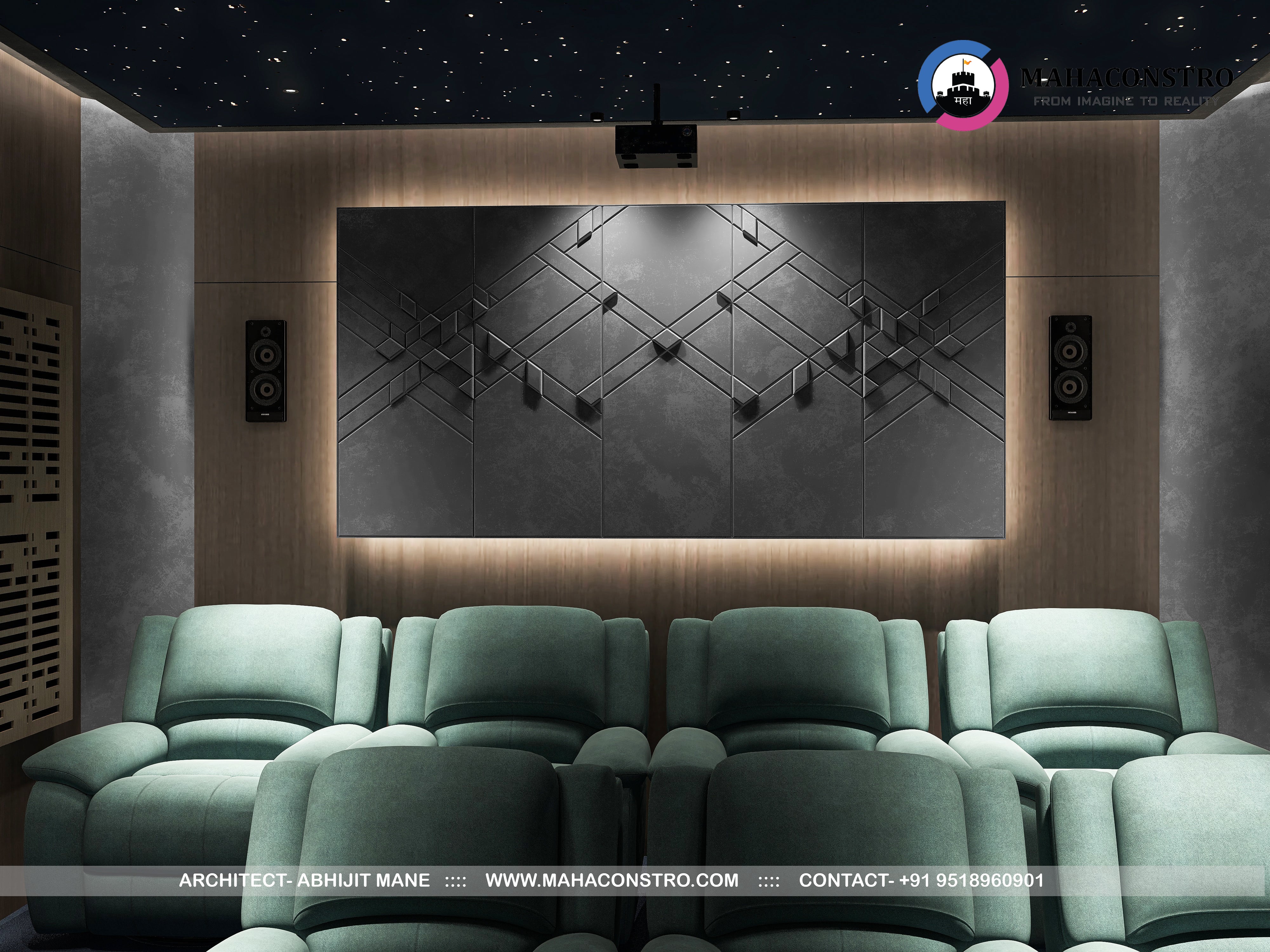 Ultra-luxury residential interior in Tembhurni, Solapur, designed by Mahaconstro Architects, featuring a contemporary living and dining space with bespoke furnishings and artistic finishes.