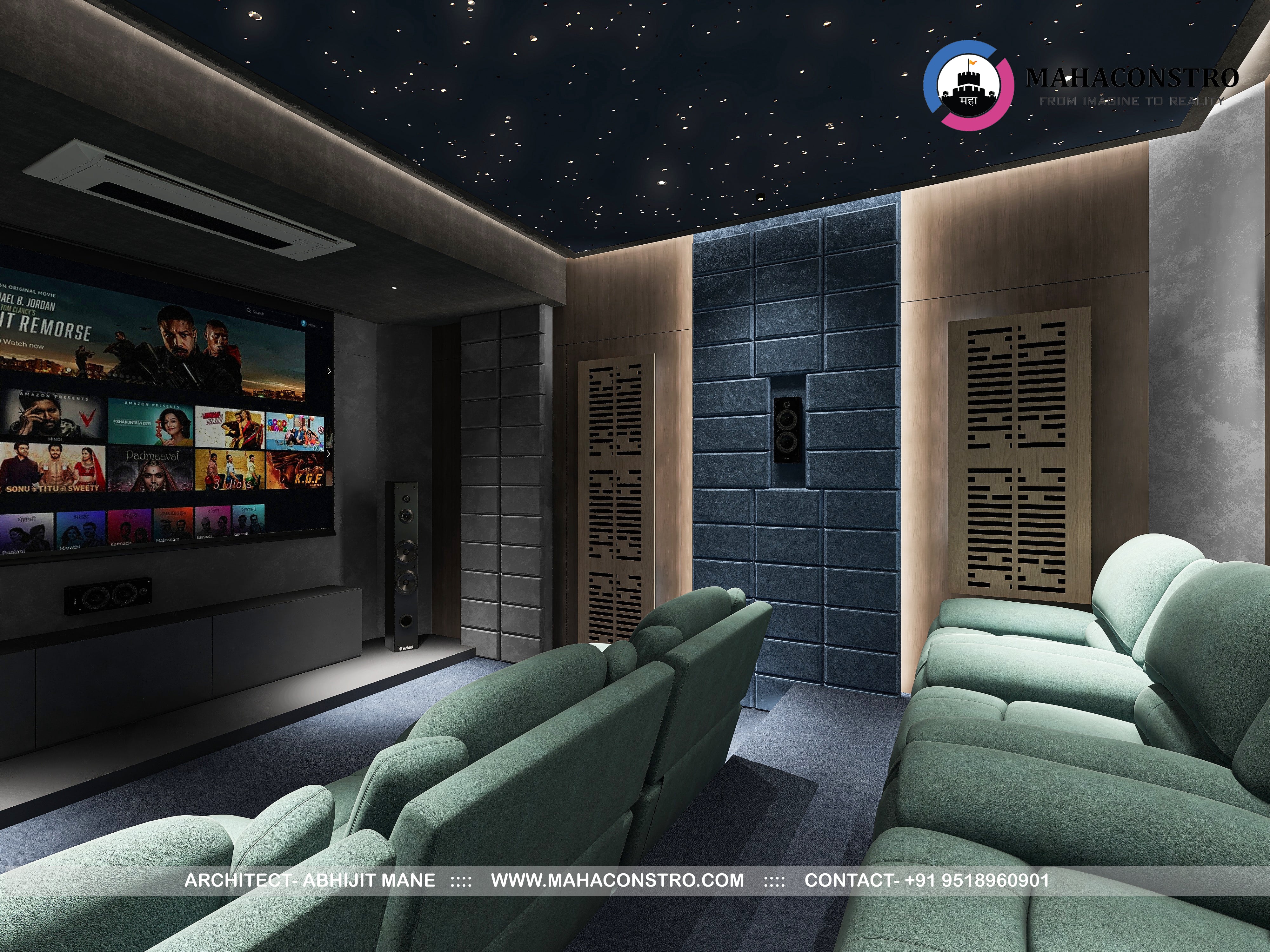 Ultra-luxury residential interior in Tembhurni, Solapur, designed by Mahaconstro Architects, featuring a contemporary living and dining space with bespoke furnishings and artistic finishes.