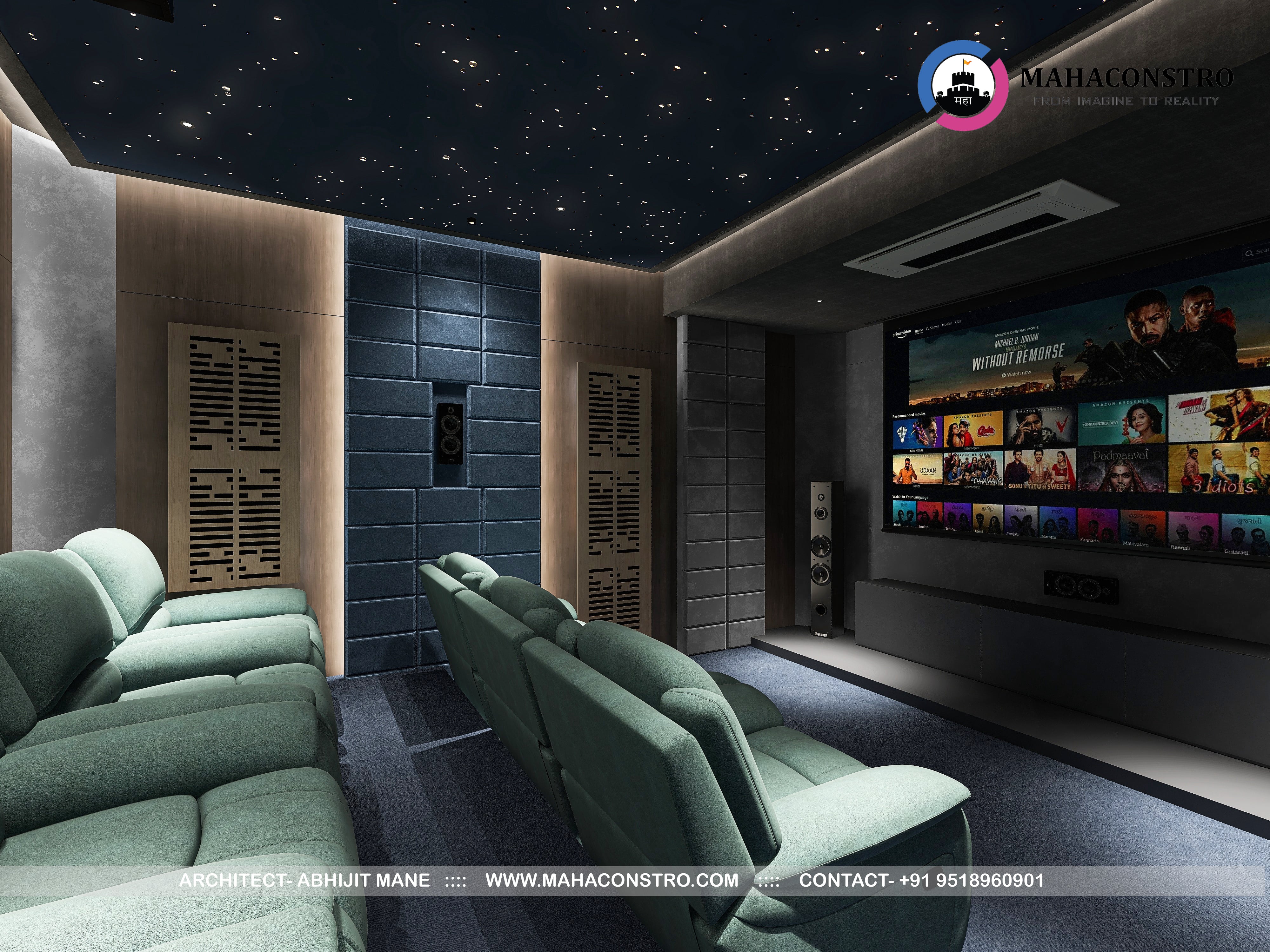 Ultra-luxury residential interior in Tembhurni, Solapur, designed by Mahaconstro Architects, featuring a contemporary living and dining space with bespoke furnishings and artistic finishes.