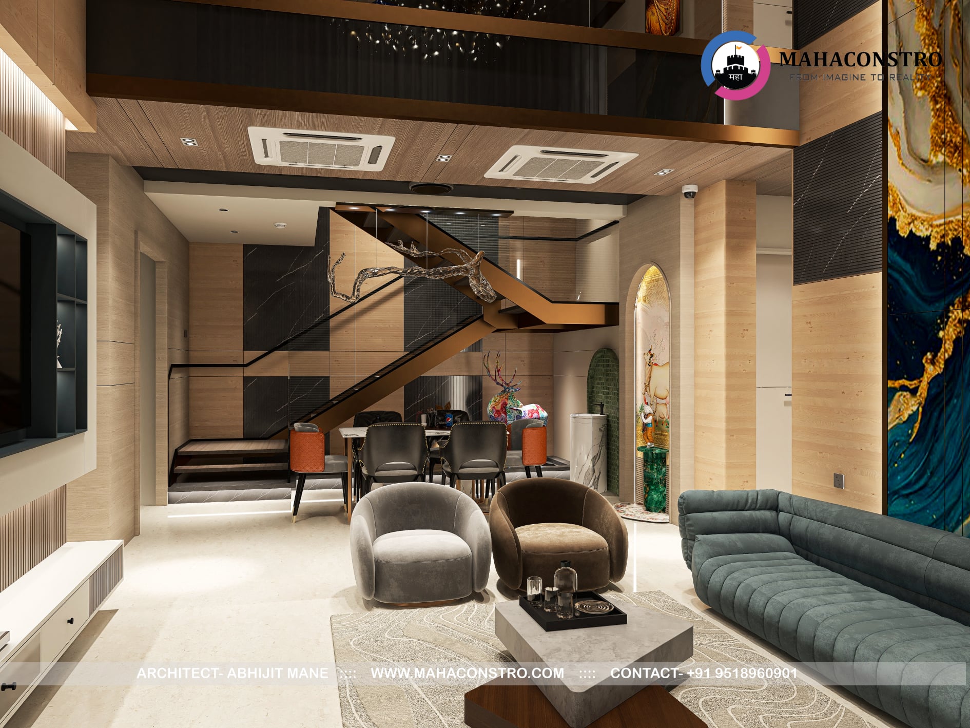 Ultra-luxury residential interior in Tembhurni, Solapur, designed by Mahaconstro Architects, featuring a contemporary living and dining space with bespoke furnishings and artistic finishes