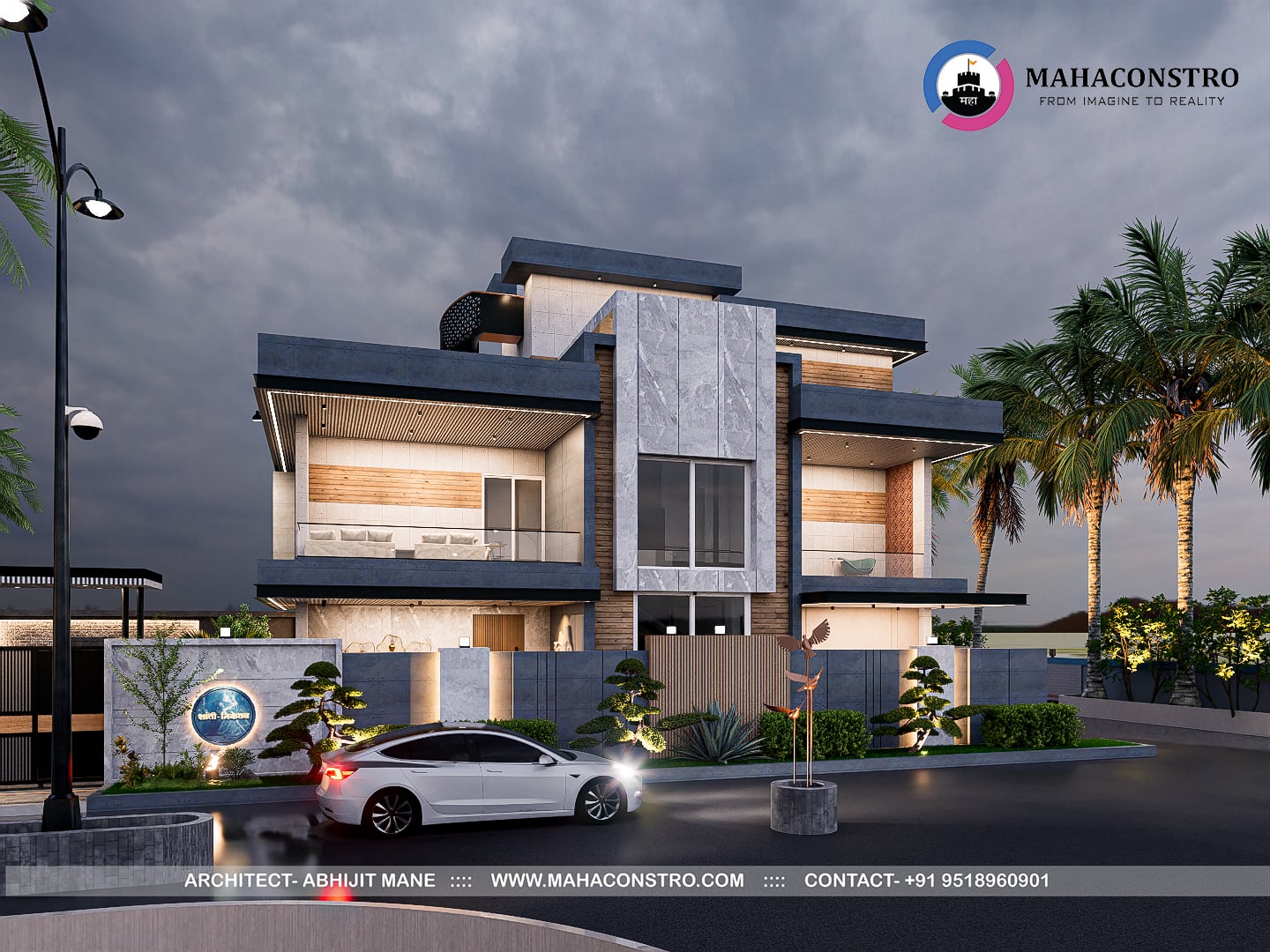 Contemporary ultra-luxury bungalow architecture at Shantiniketan in Tembhurni, Solapur, designed by Mahaconstro Architects.