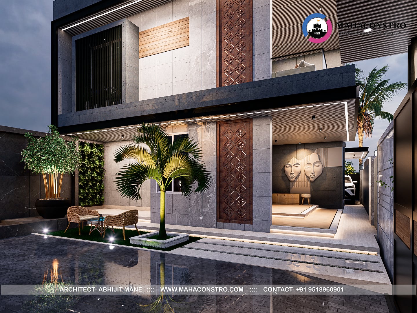 Contemporary ultra-luxury bungalow architecture at Shantiniketan in Tembhurni, Solapur, designed by Mahaconstro Architects.