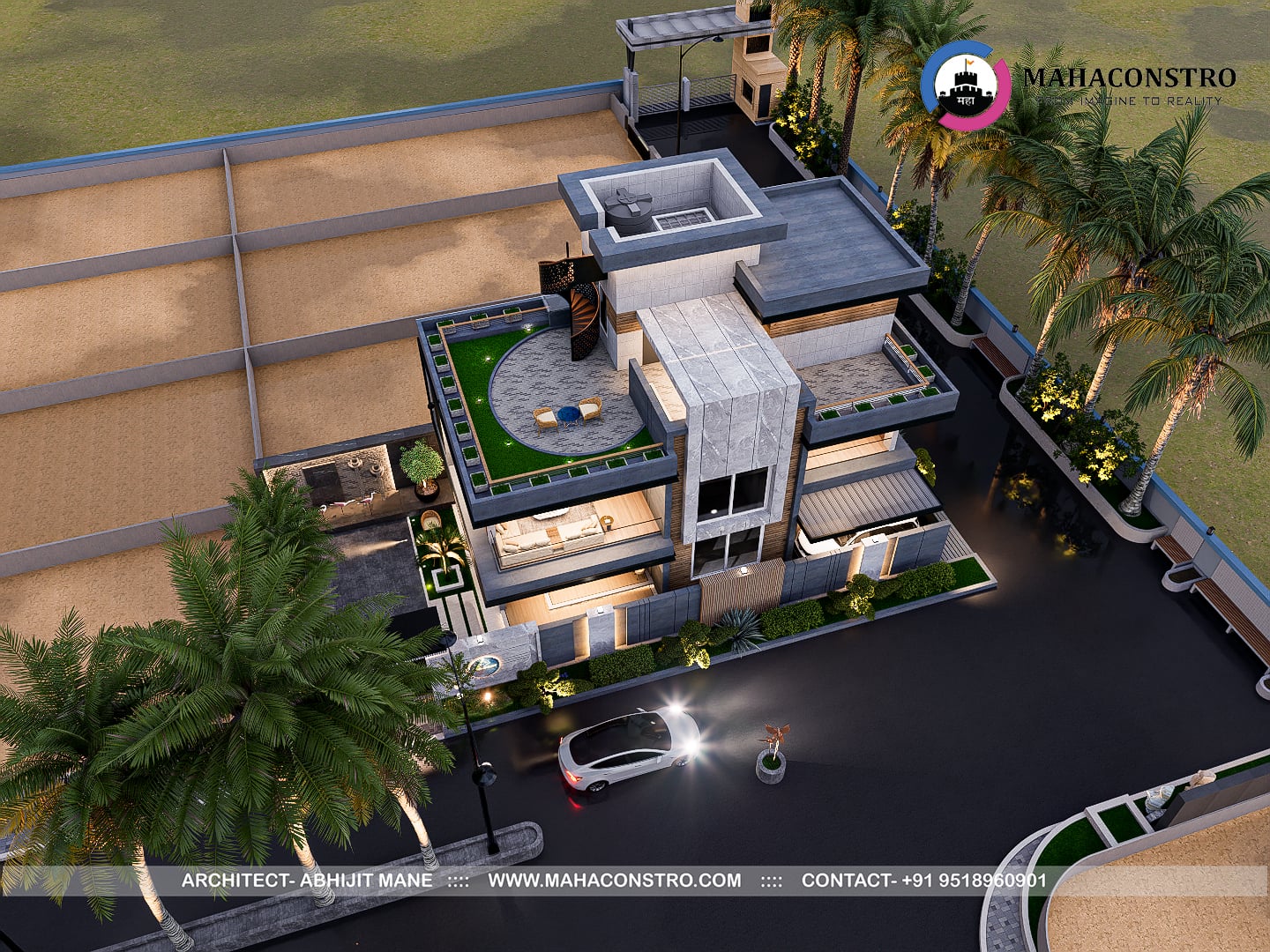 Contemporary ultra-luxury bungalow architecture at Shantiniketan in Tembhurni, Solapur, designed by Mahaconstro Architects.