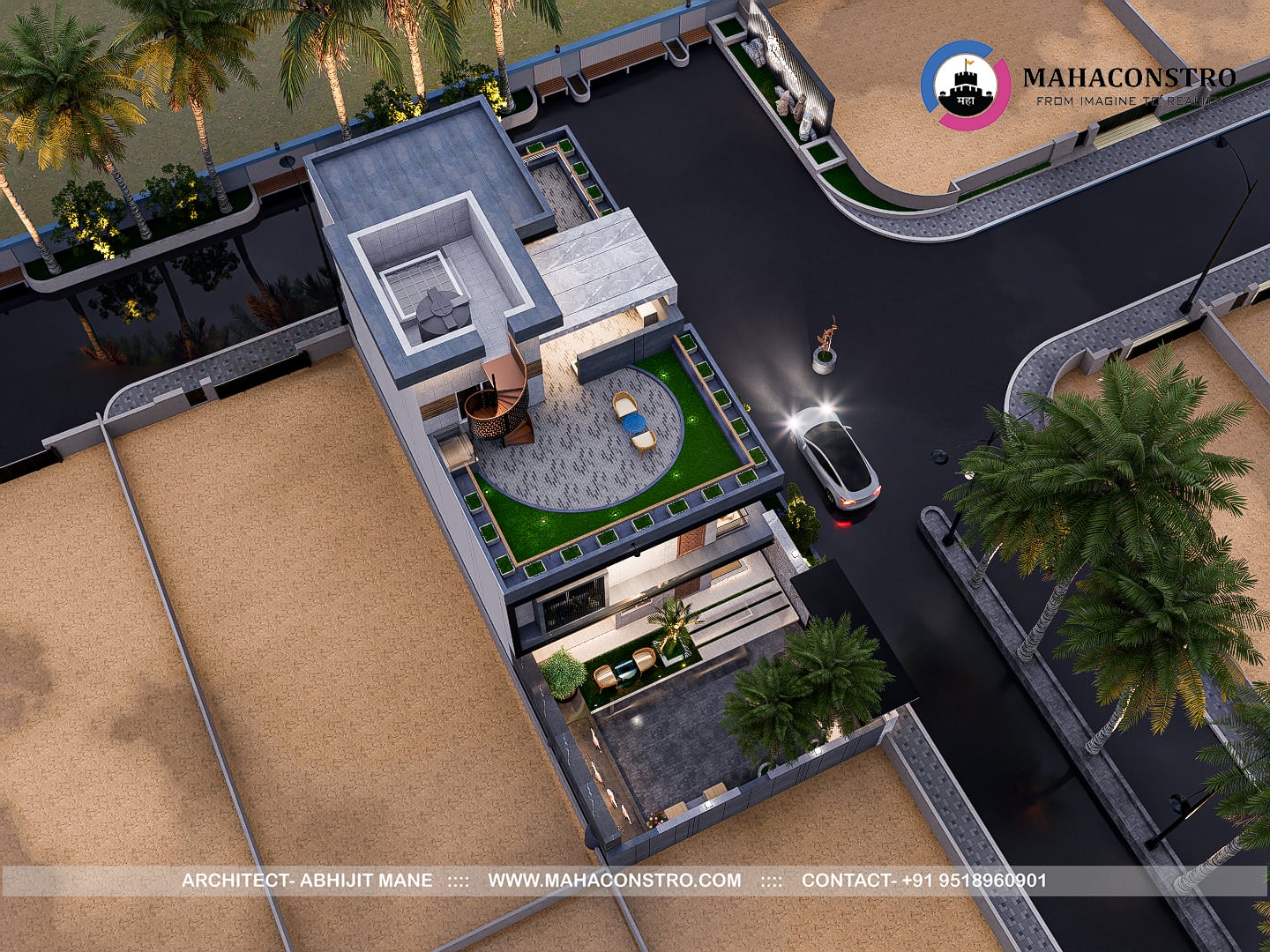 Contemporary ultra-luxury bungalow architecture at Shantiniketan in Tembhurni, Solapur, designed by Mahaconstro Architects.