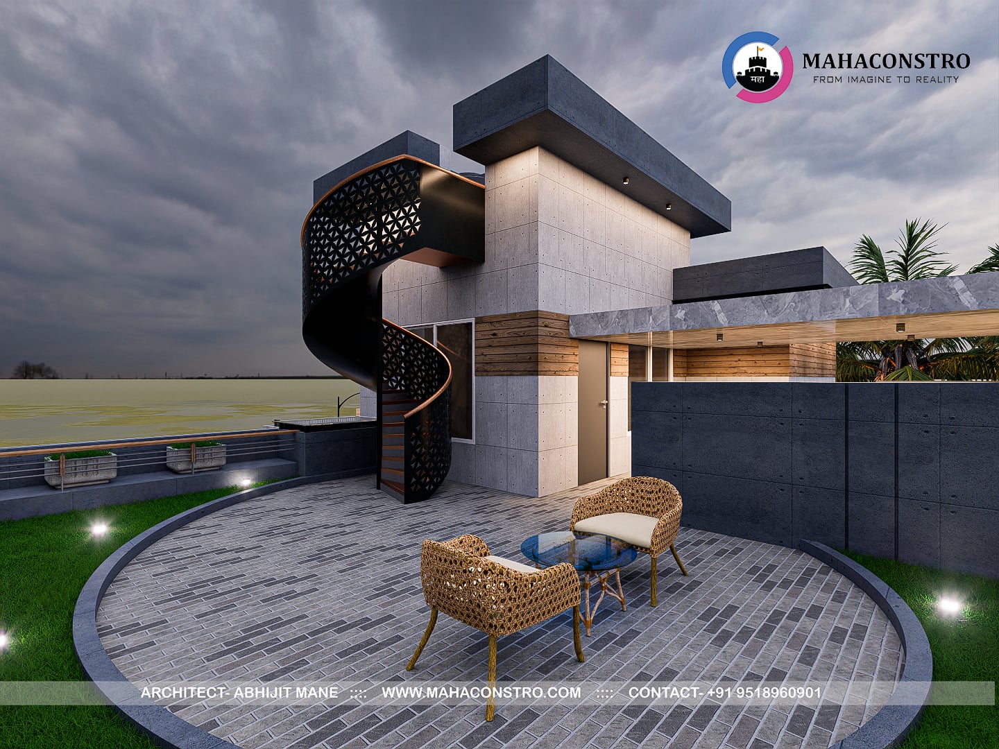 Contemporary ultra-luxury bungalow architecture at Shantiniketan in Tembhurni, Solapur, designed by Mahaconstro Architects.