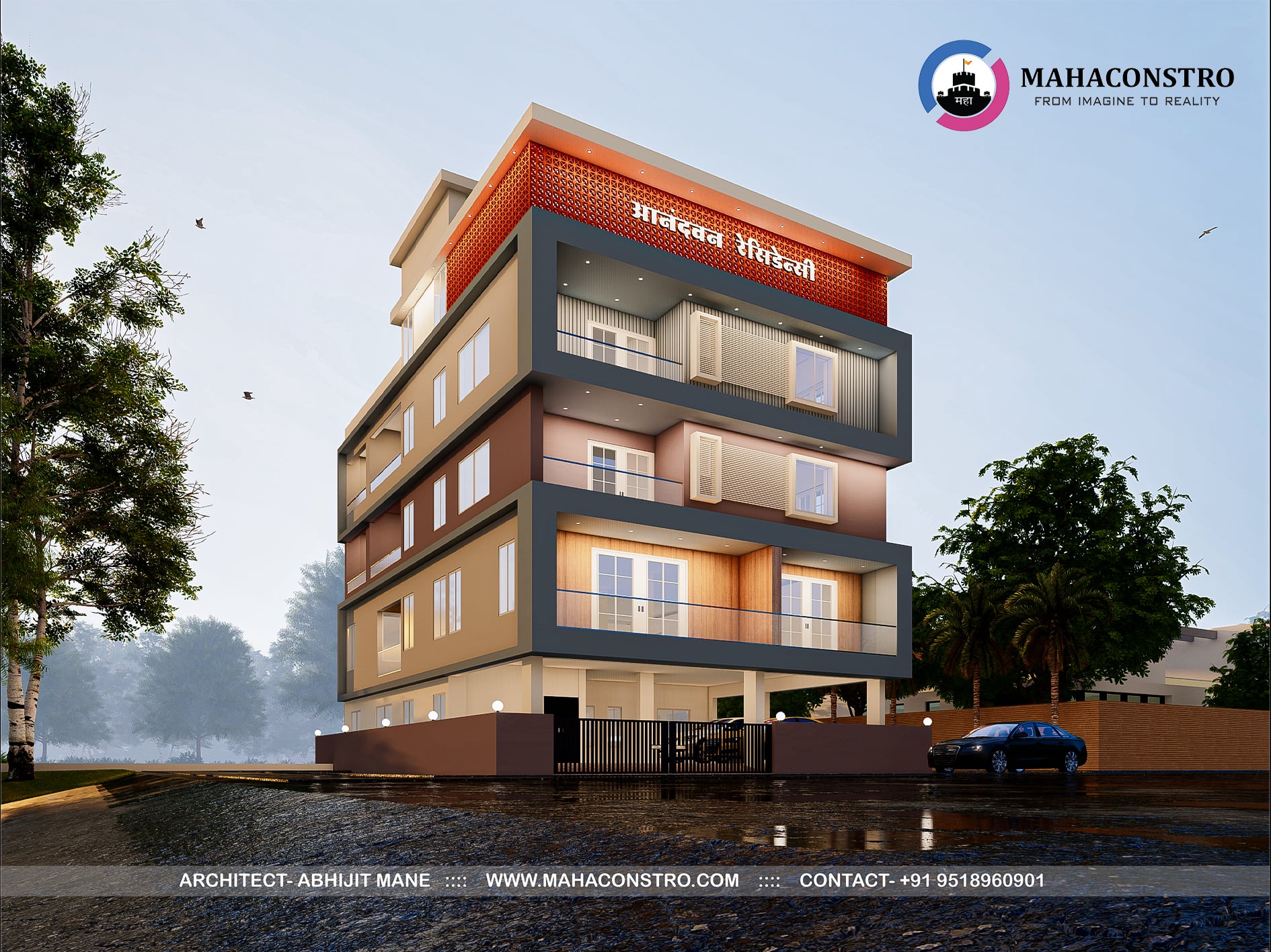 Contemporary Anandvan Residency apartment building with modern facade and spacious balconies in Tembhurni, Solapur, designed by Mahaconstro Architects.