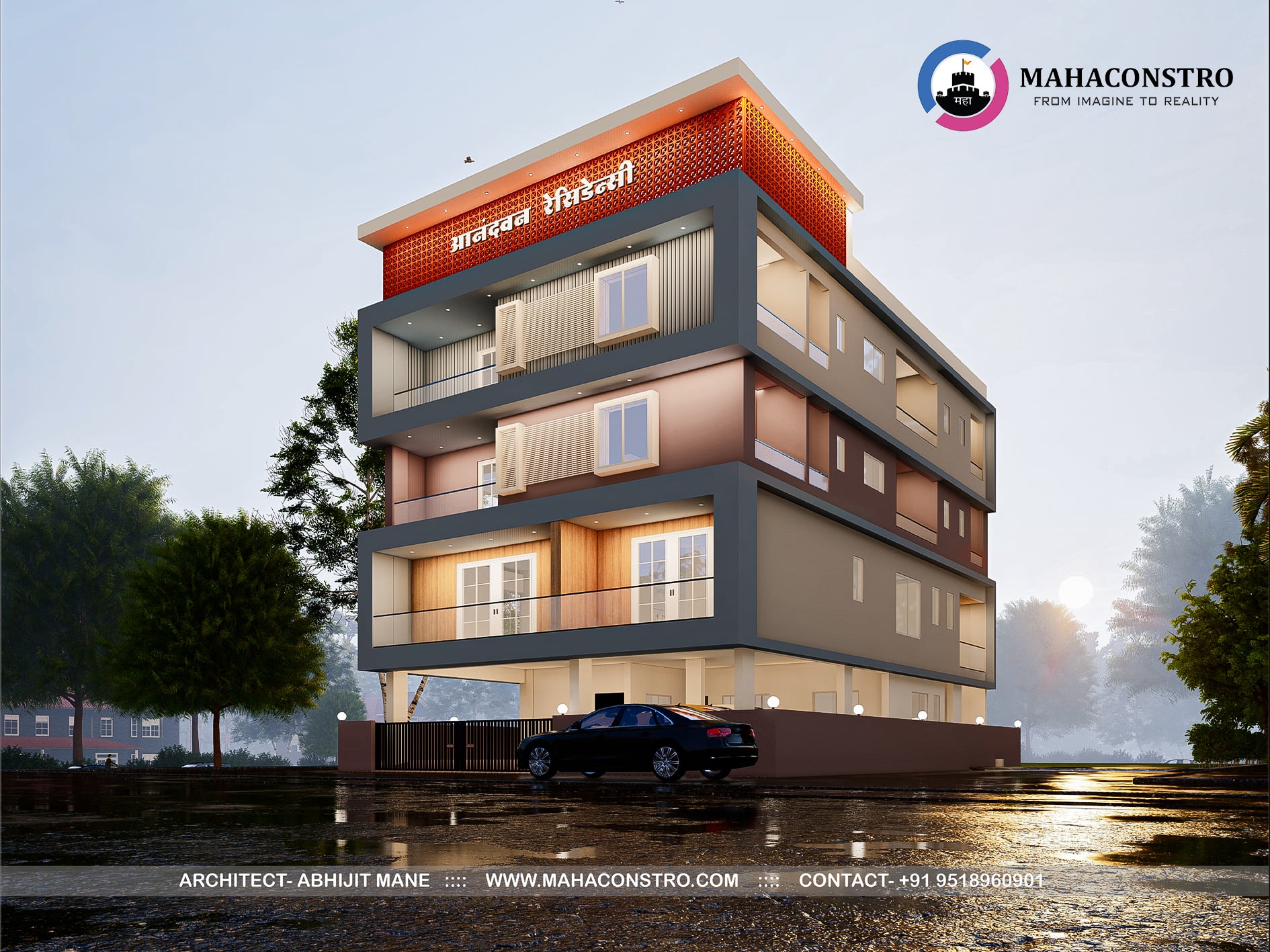Contemporary Anandvan Residency apartment building with modern facade and spacious balconies in Tembhurni, Solapur, designed by Mahaconstro Architects.