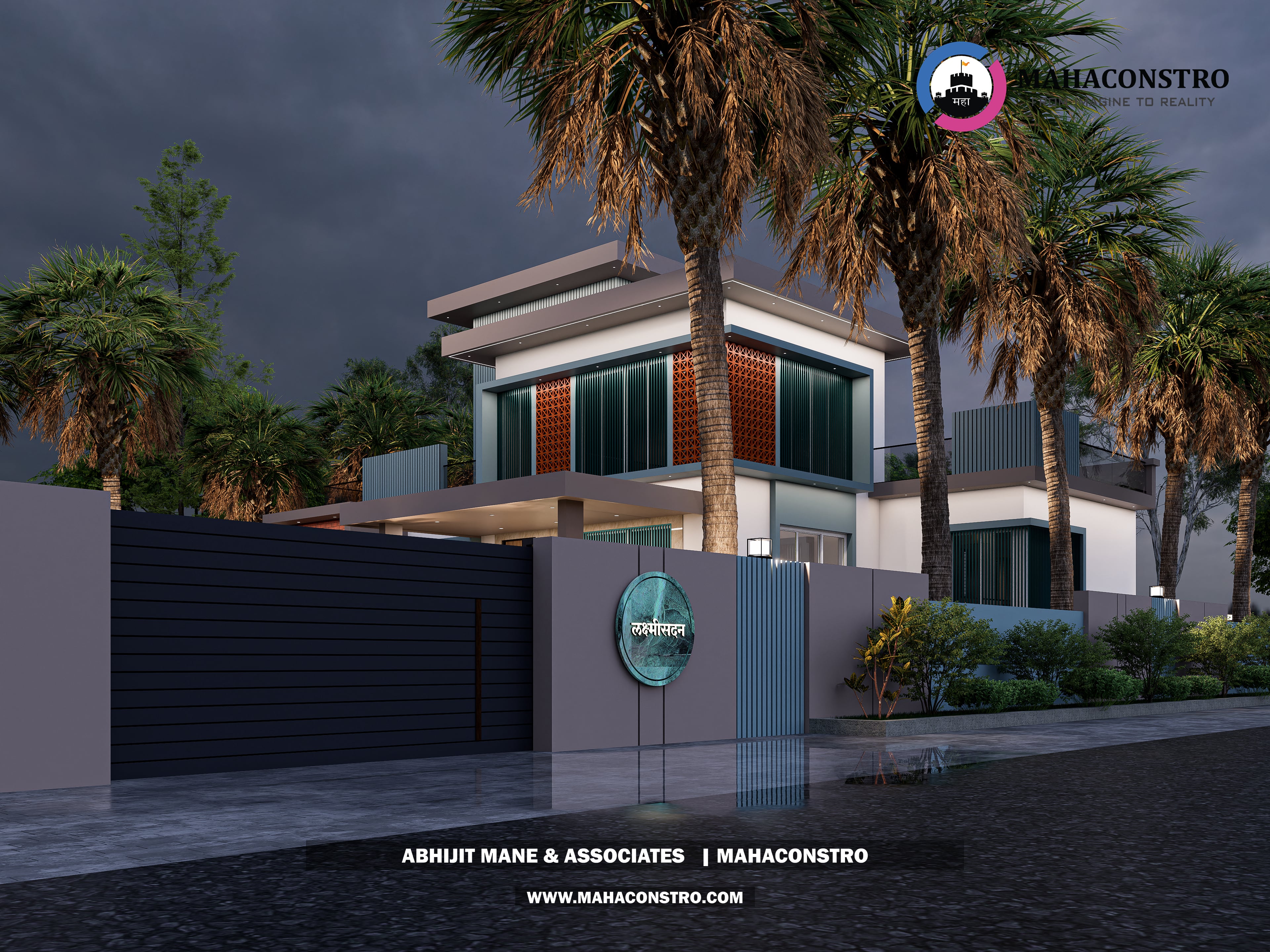 Contemporary luxury bungalow with modern facade detailing and landscaped outdoor lighting at Lakshmi Sadan, Parite, Solapur, designed by Mahaconstro Architects
