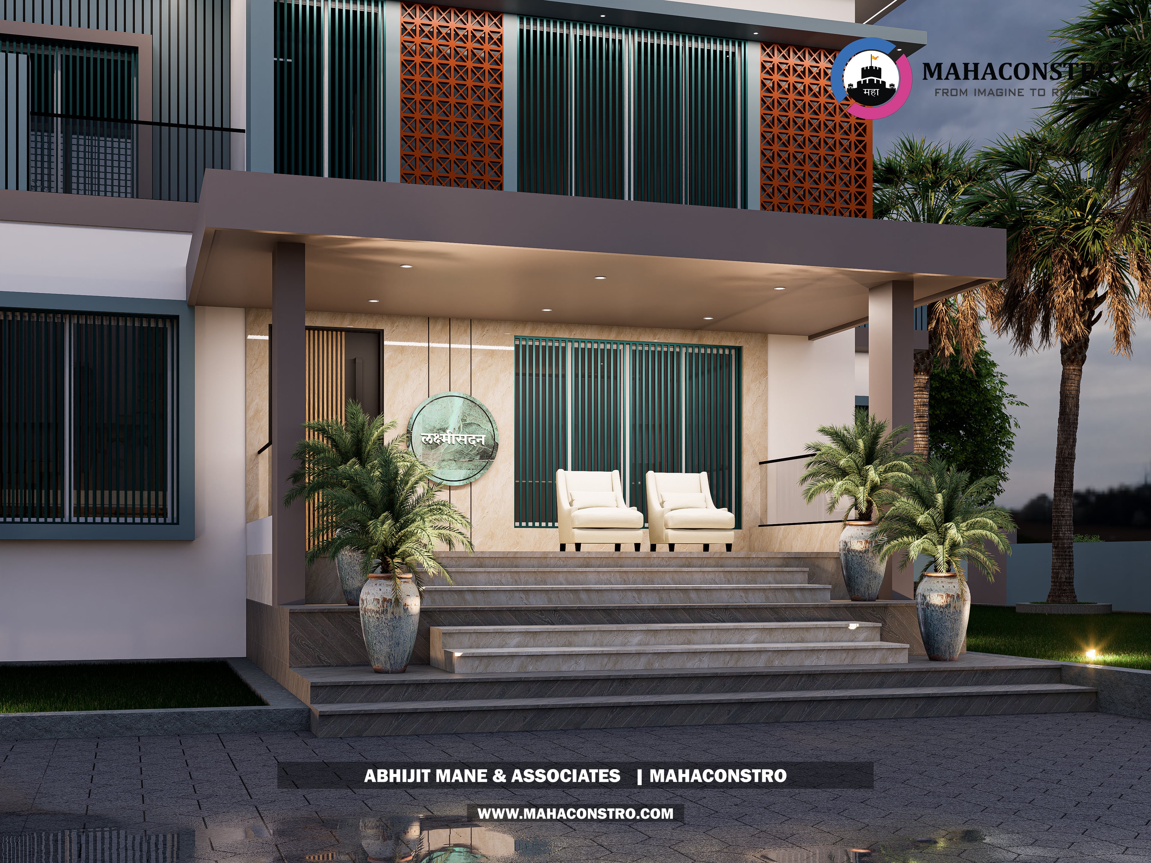 Contemporary luxury bungalow with modern facade detailing and landscaped outdoor lighting at Lakshmi Sadan, Parite, Solapur, designed by Mahaconstro Architects