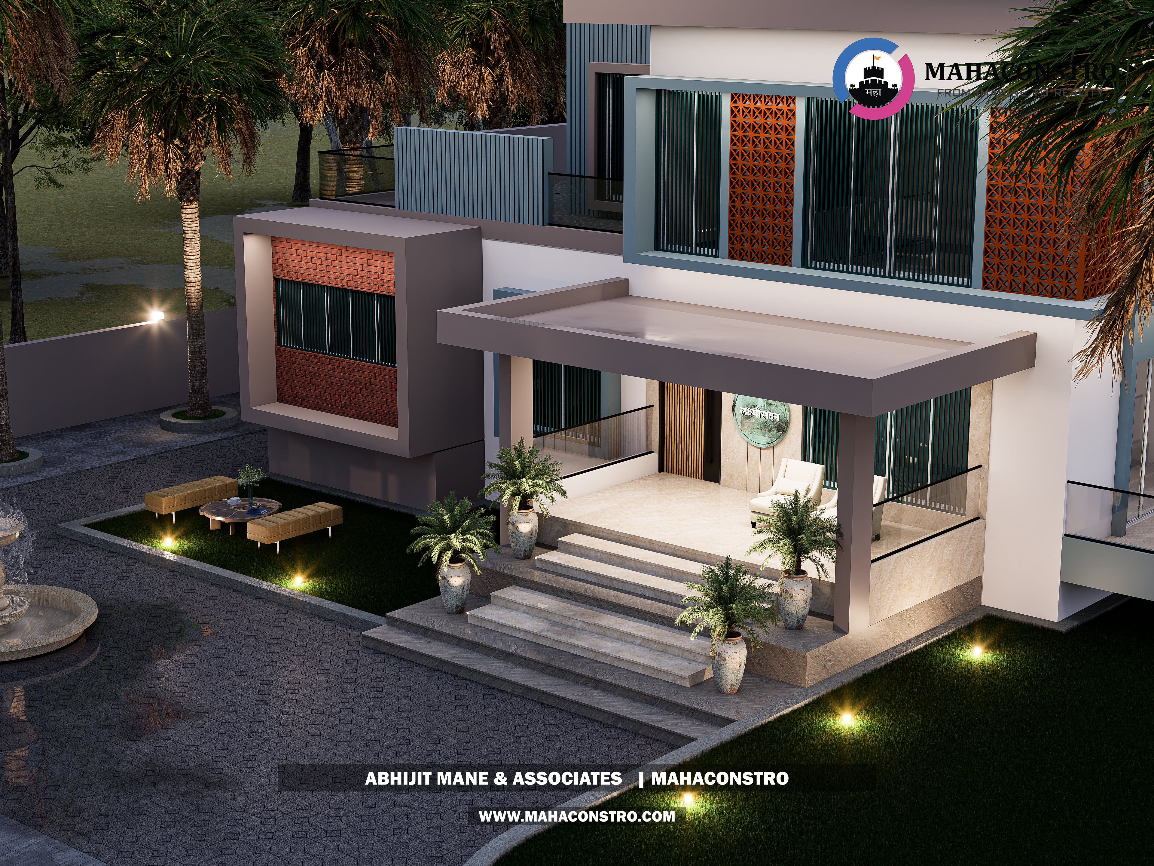 Contemporary luxury bungalow with modern facade detailing and landscaped outdoor lighting at Lakshmi Sadan, Parite, Solapur, designed by Mahaconstro Architects