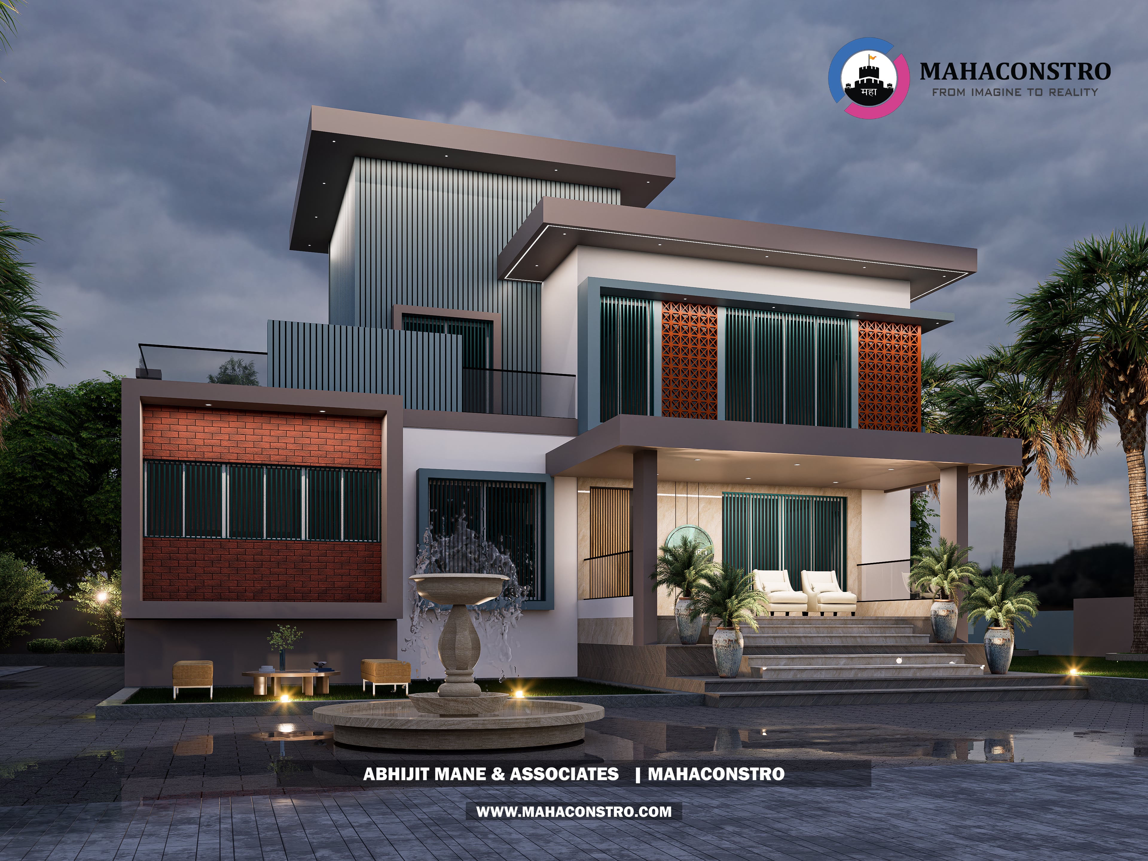 Contemporary luxury bungalow with modern facade detailing and landscaped outdoor lighting at Lakshmi Sadan, Parite, Solapur, designed by Mahaconstro Architects