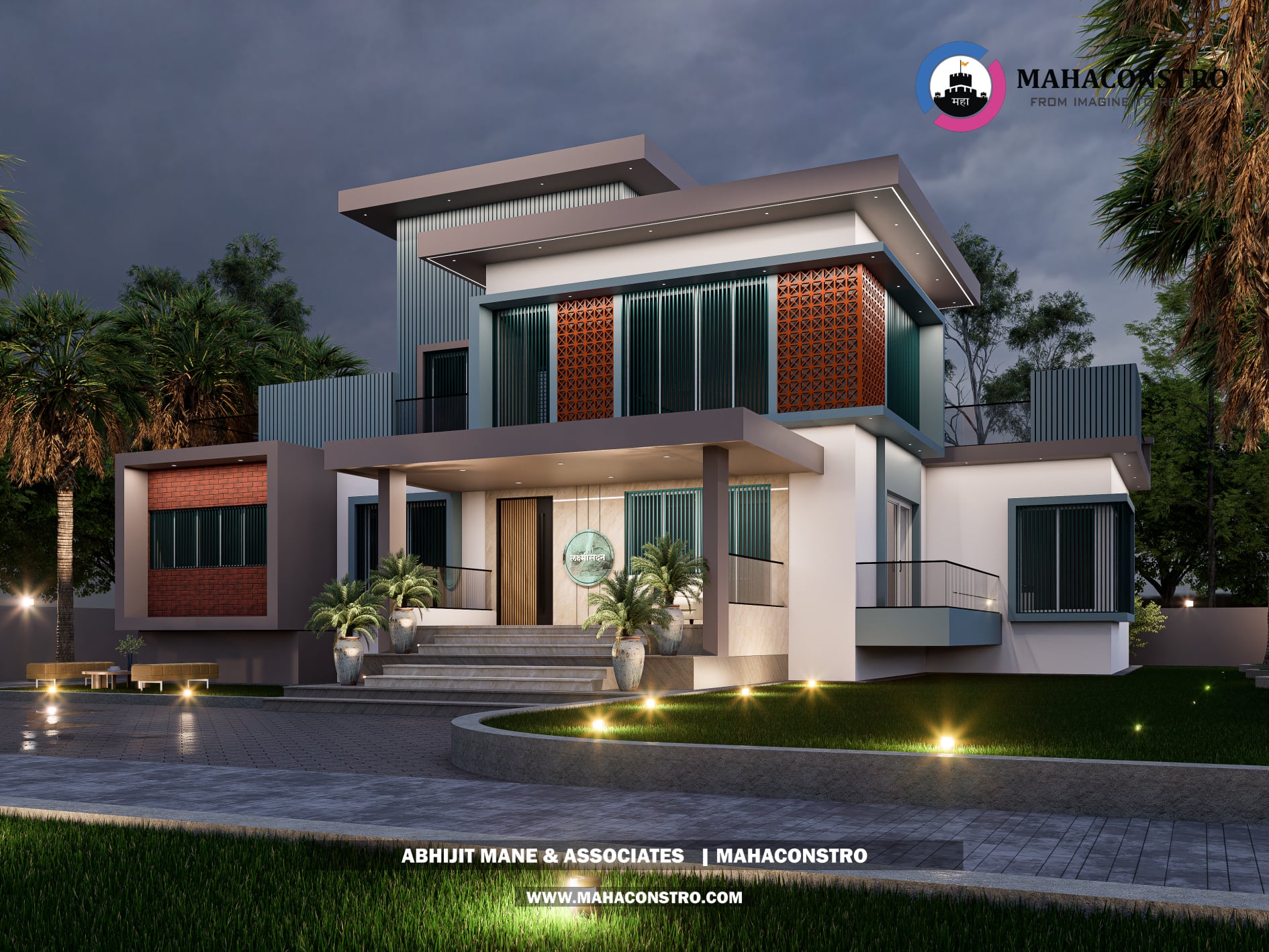 Contemporary luxury bungalow with modern facade detailing and landscaped outdoor lighting at Lakshmi Sadan, Parite, Solapur, designed by Mahaconstro Architects.