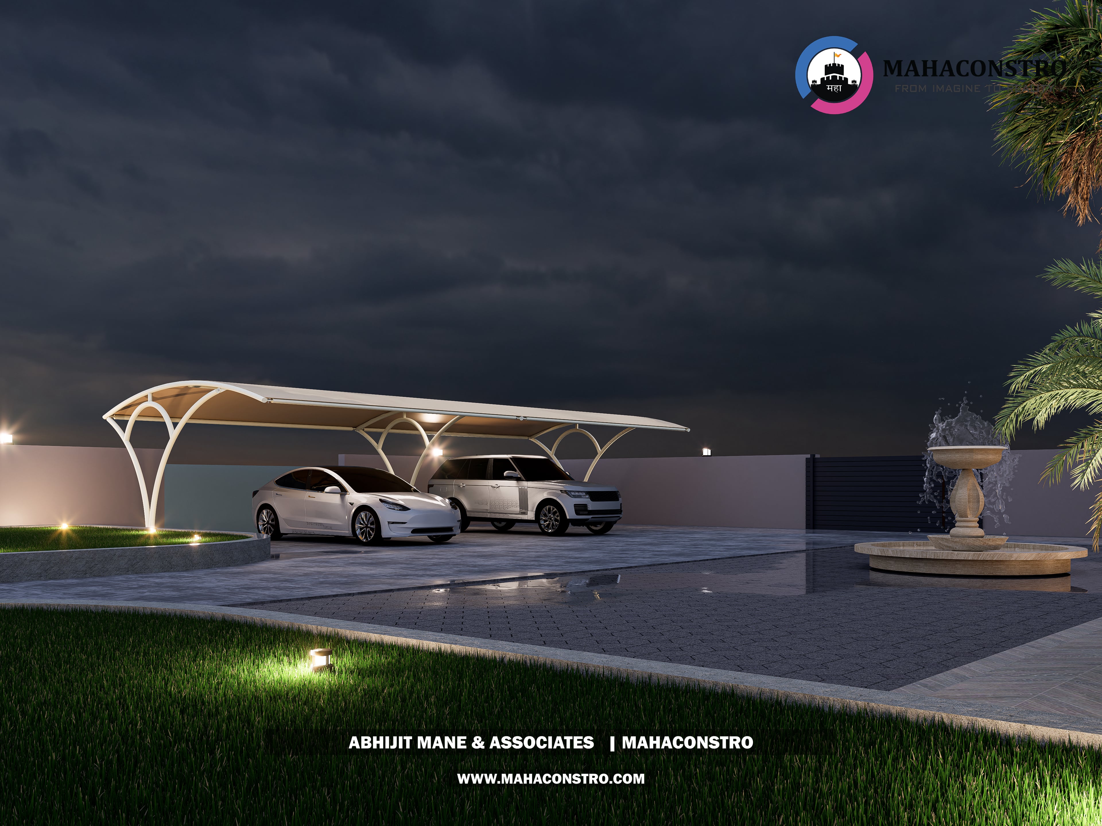 Contemporary luxury bungalow with modern facade detailing and landscaped outdoor lighting at Lakshmi Sadan, Parite, Solapur, designed by Mahaconstro Architects