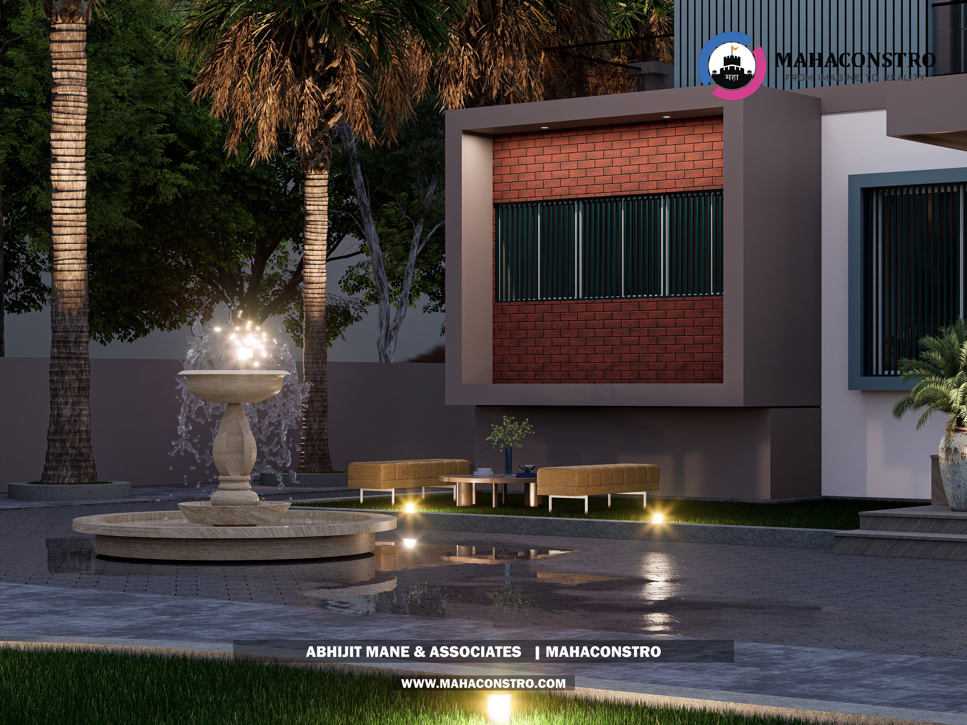 Contemporary luxury bungalow with modern facade detailing and landscaped outdoor lighting at Lakshmi Sadan, Parite, Solapur, designed by Mahaconstro Architects
