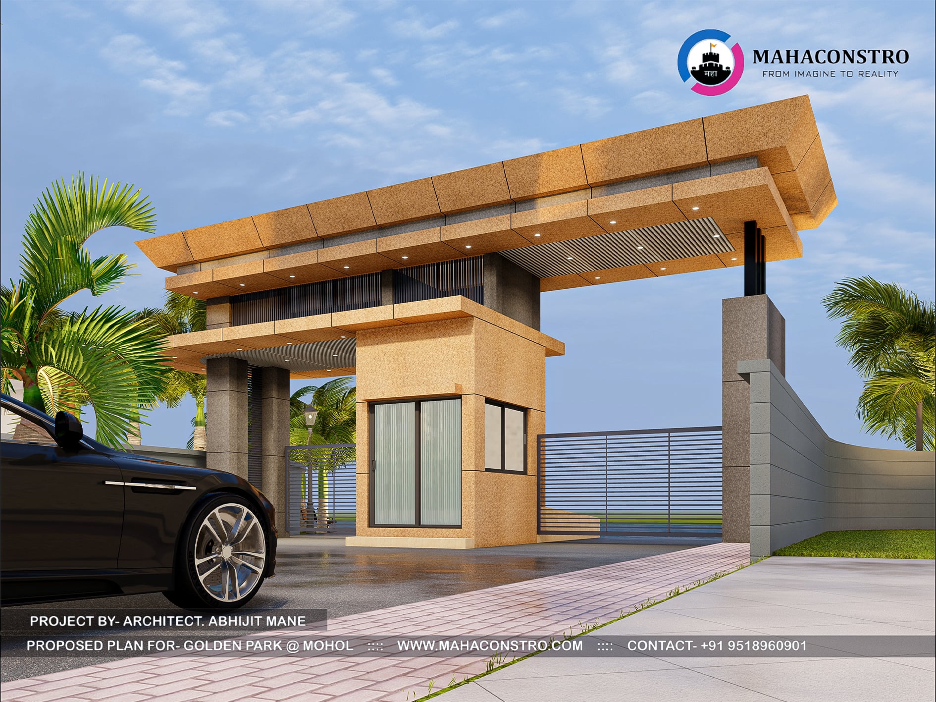Contemporary luxury plotting entrance gateway at Golden Park in Mohol, Solapur, designed by Mahaconstro Architects