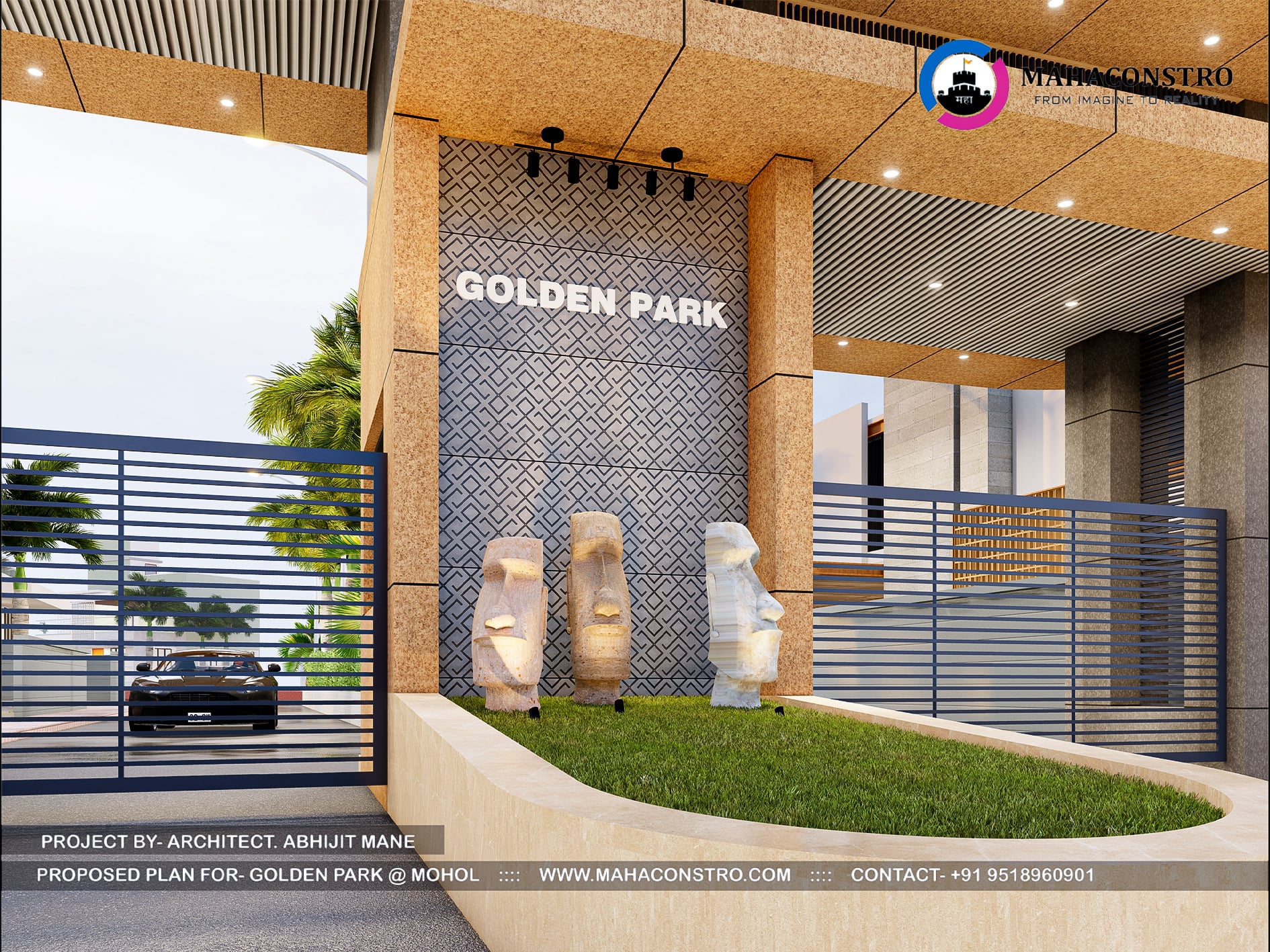 Contemporary luxury plotting entrance gateway at Golden Park in Mohol, Solapur, designed by Mahaconstro Architects